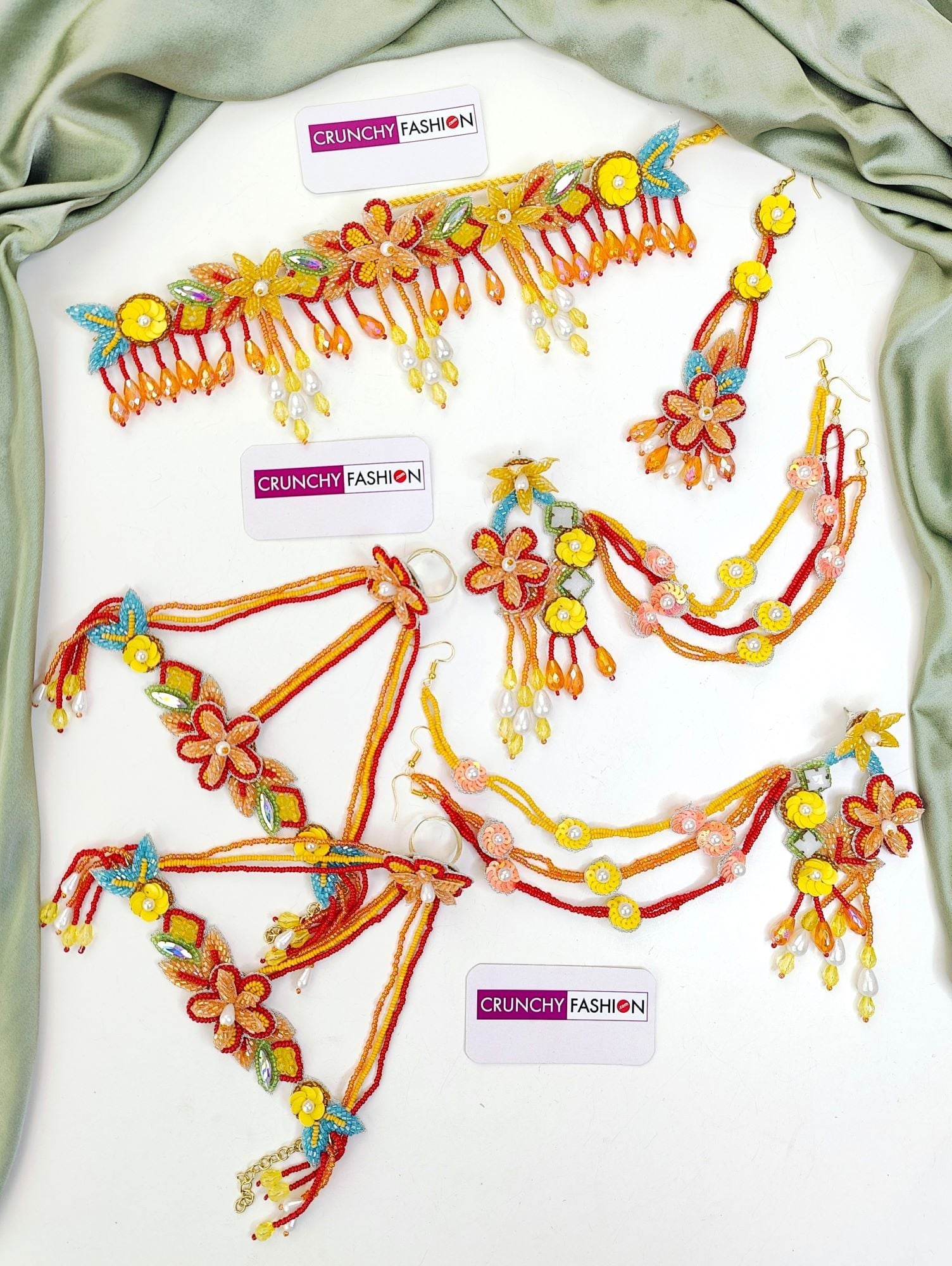 Bright Hues Floral Bridal Jewelry Set - Orange-Yellow Elegance