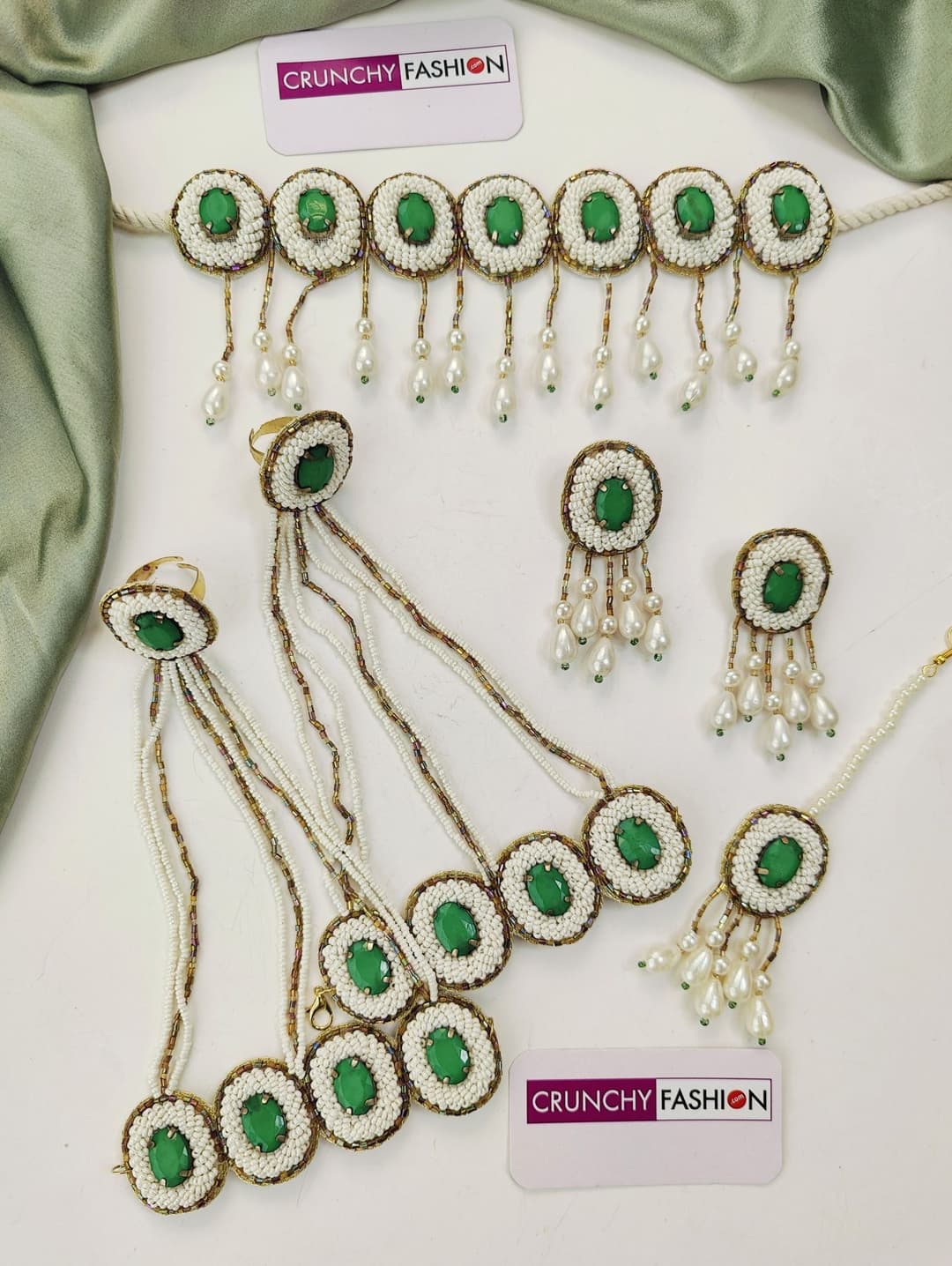 Floral Green Crystal Pearl Bridal Set Haldi & Mehndi Occasions