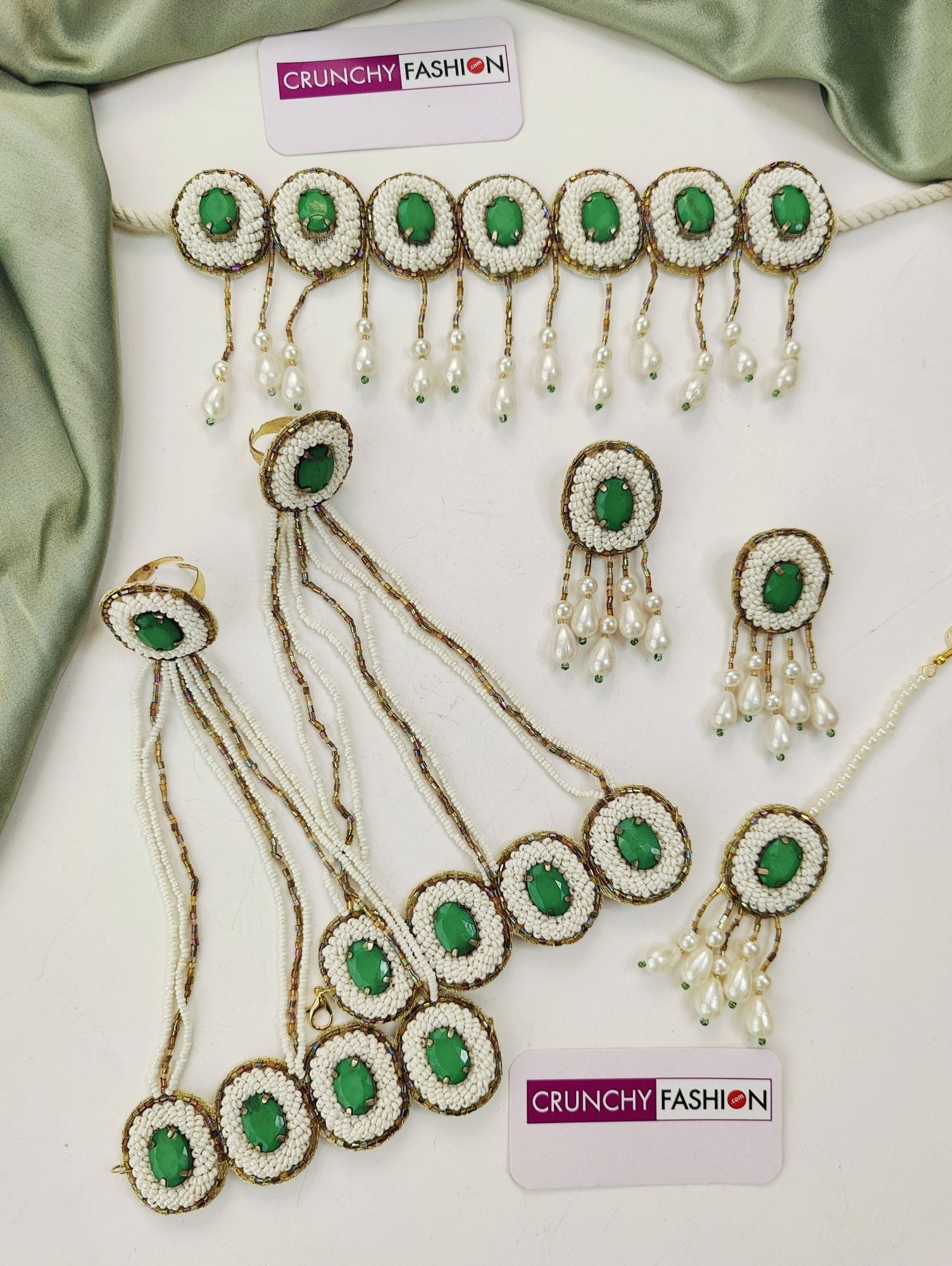 Floral Green Crystal Pearl Bridal Set Haldi & Mehndi Occasions