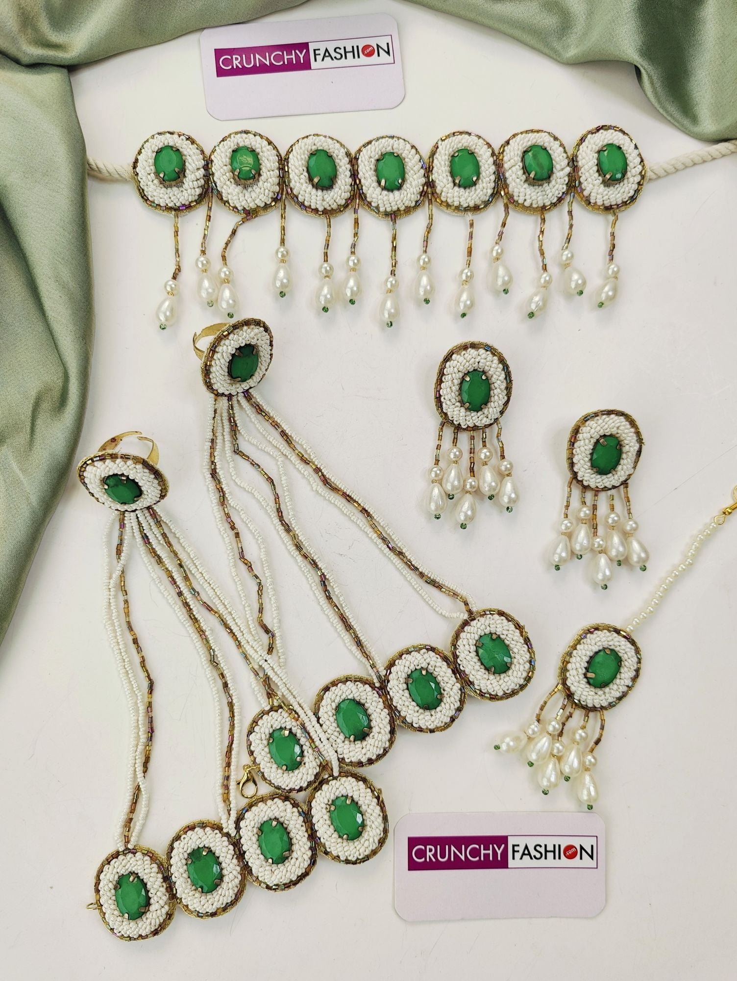 Floral Green Crystal Pearl Bridal Set Haldi & Mehndi Occasions