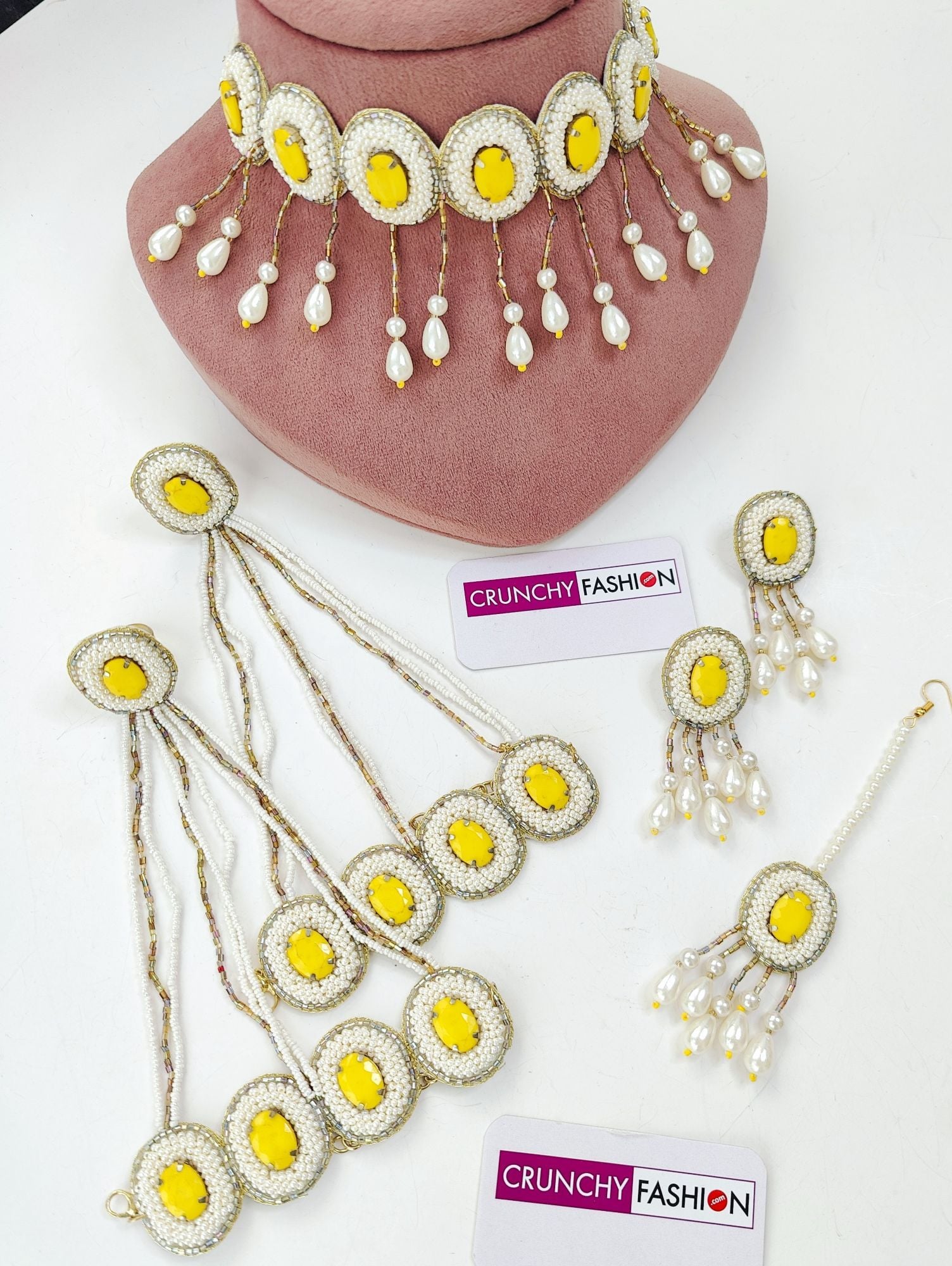 Nitara's Floral Yellow Pearl Bridal Jewelry Set for Special Occasions