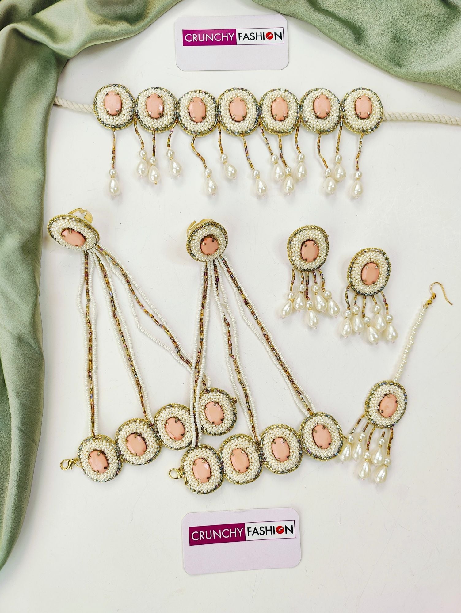 Nitara's Peach Crystal Pearl Floral Jewelry Set - Ideal for Haldi