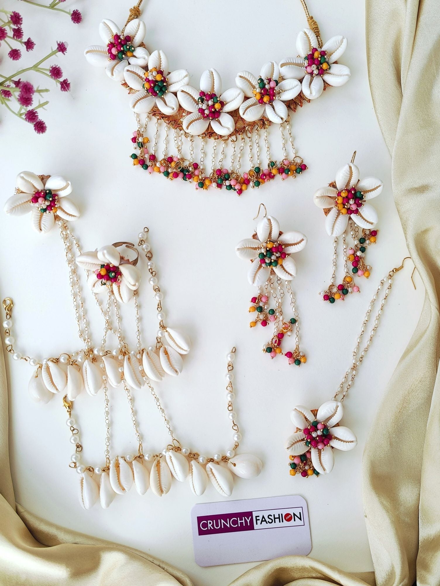 Multicolored Pearl & Cowrie Shell Festival Jewelry Set for Fashionistas