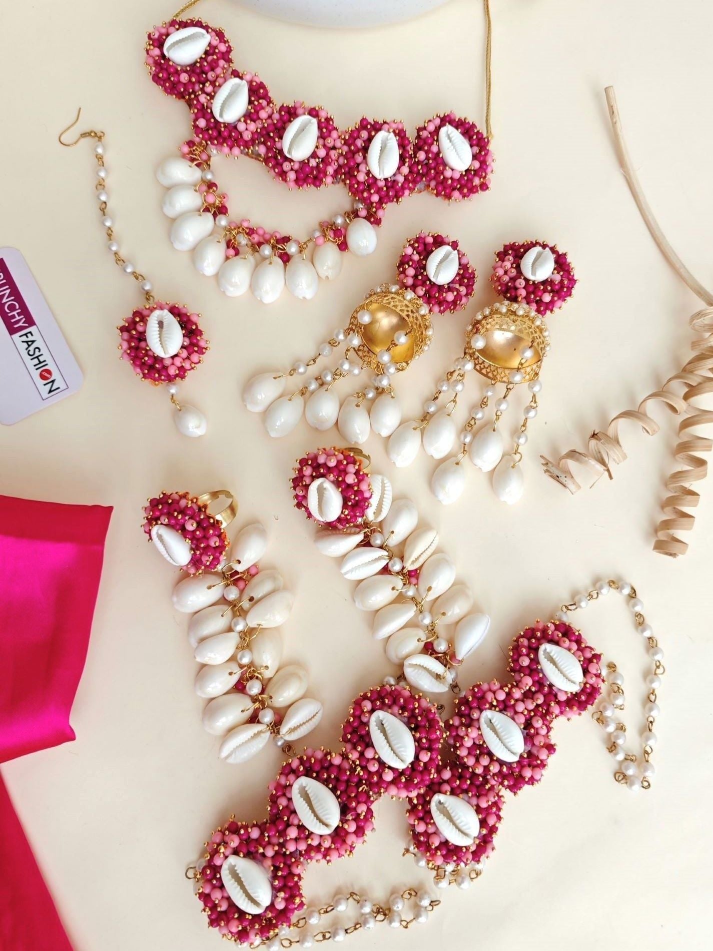 Handmade Hot Pink Pearl & Cowrie Shell Bridal Set, Haldi Mehndi Design