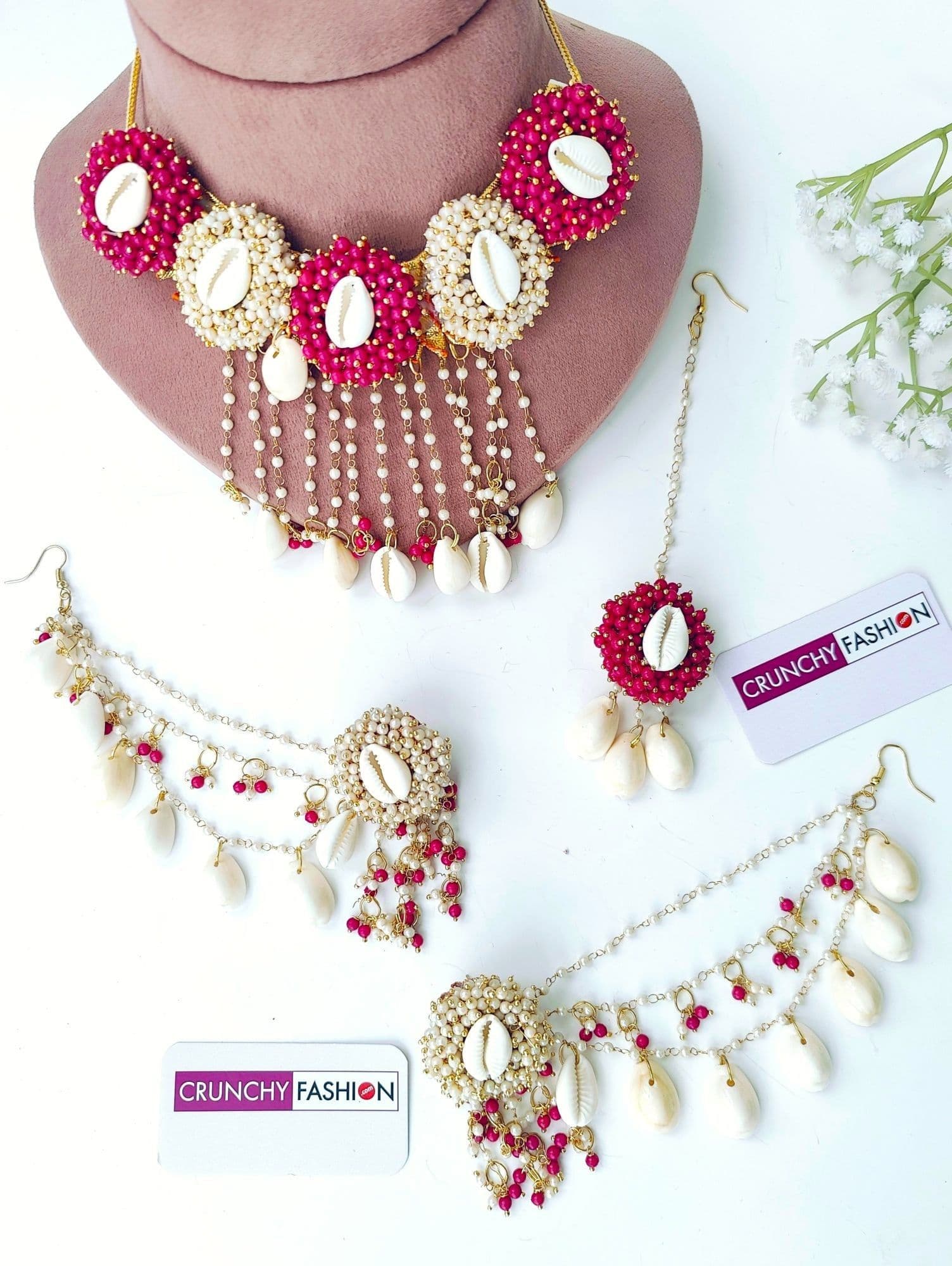 Pink & White Haldi Delights - Gold Plated Seashell Jewellery Set