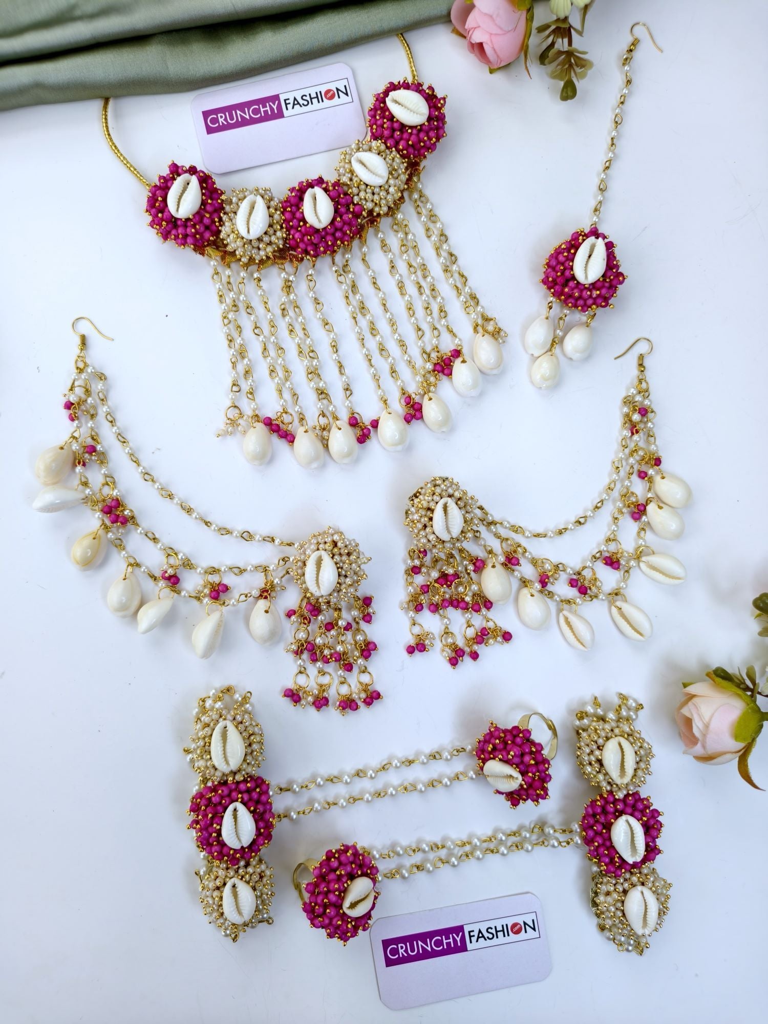 Handmade Pink Sea Shell Jewellery Set for Haldi & Mehndi Brides