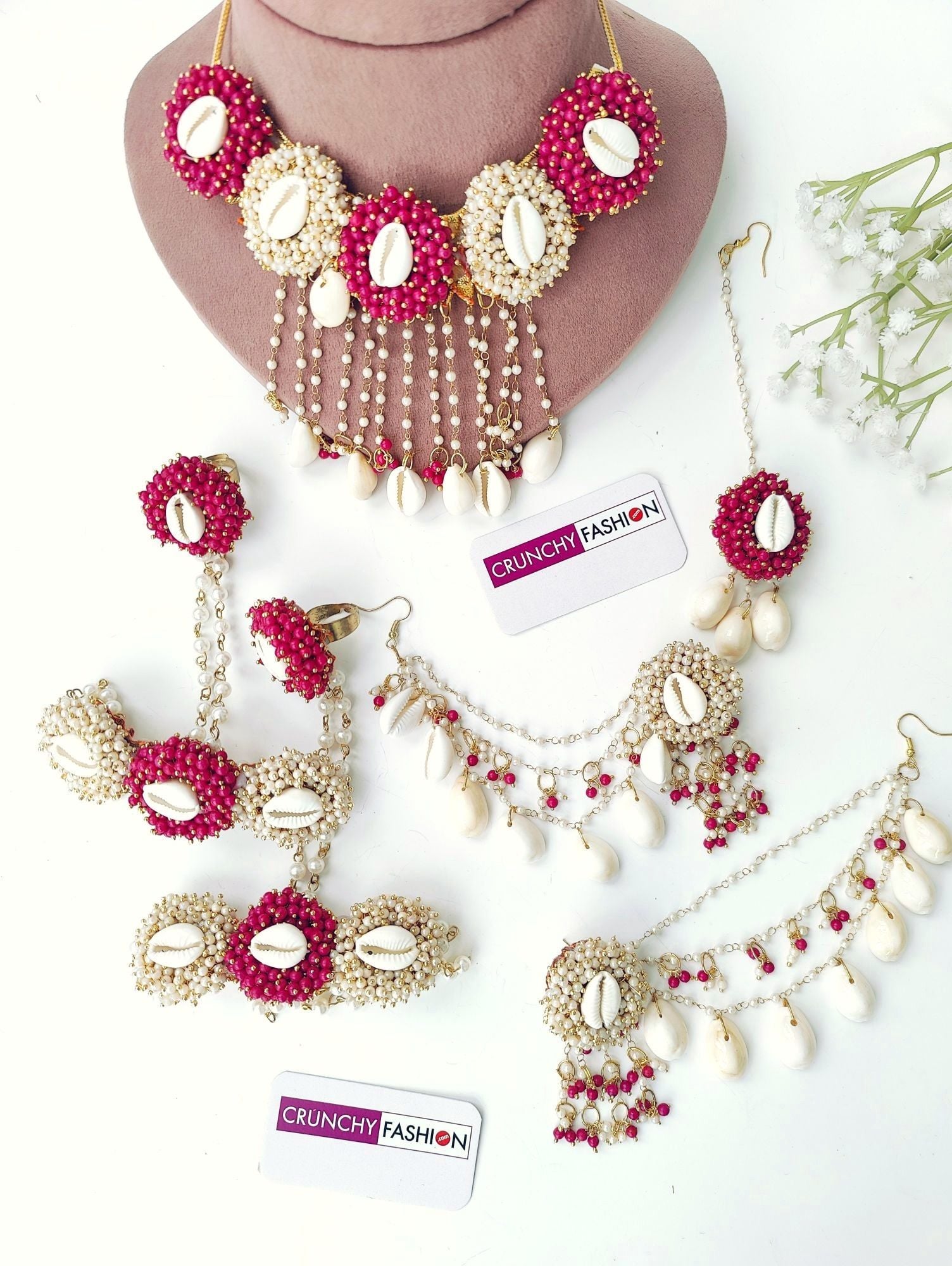 Handmade Pink Sea Shell Jewellery Set for Haldi & Mehndi Brides