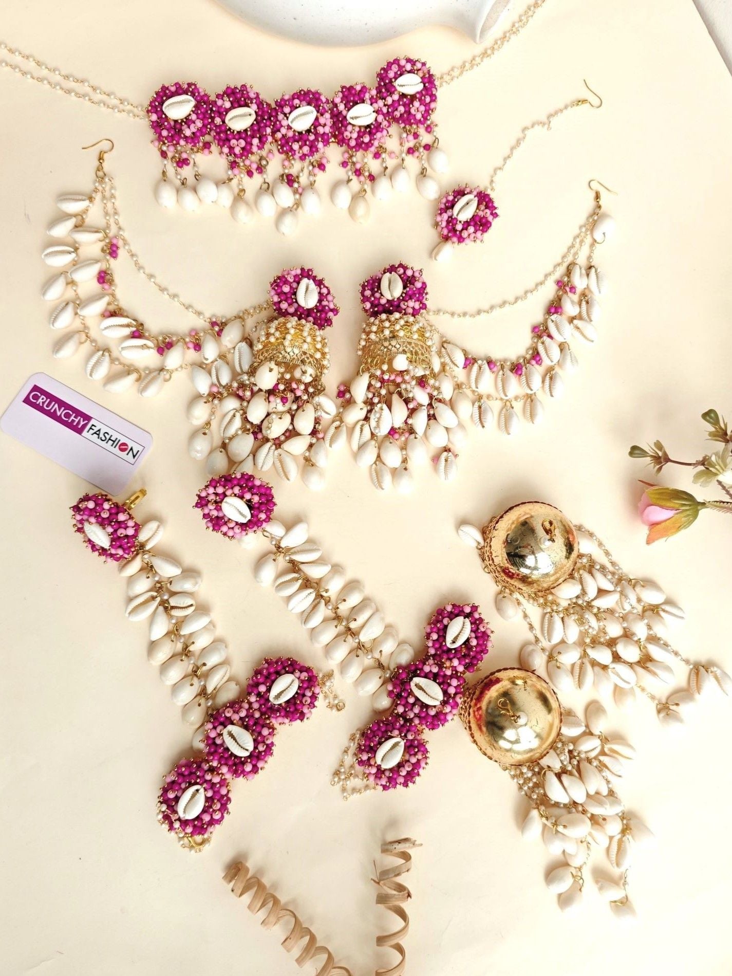 Pink Pearl Haldi Bridal Set: Gold-Plated Florals & Kaliras