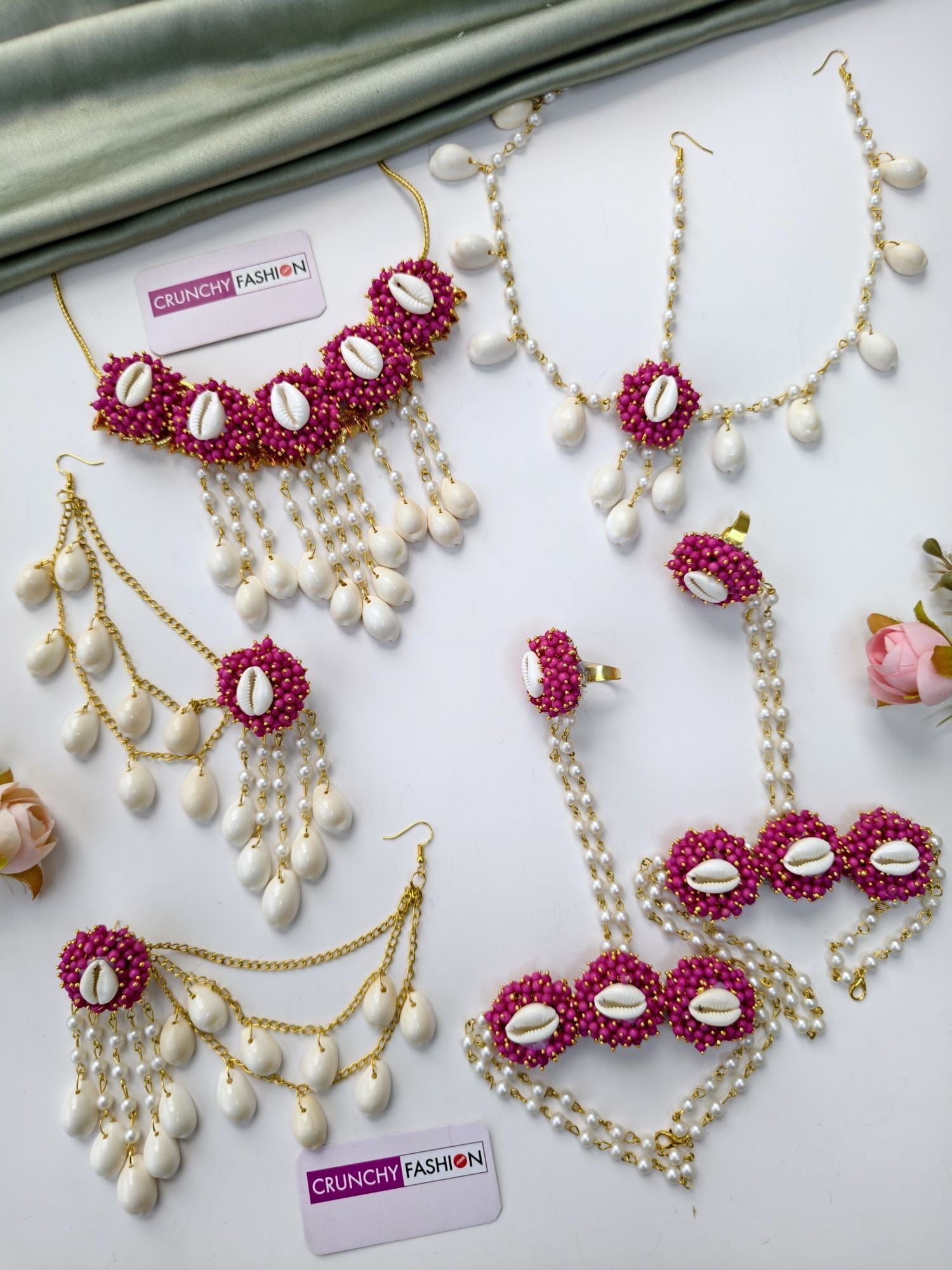 Heer's Pink Pearl Cowrie Shell Haldi-Mehndi Jewelry for Fashionistas