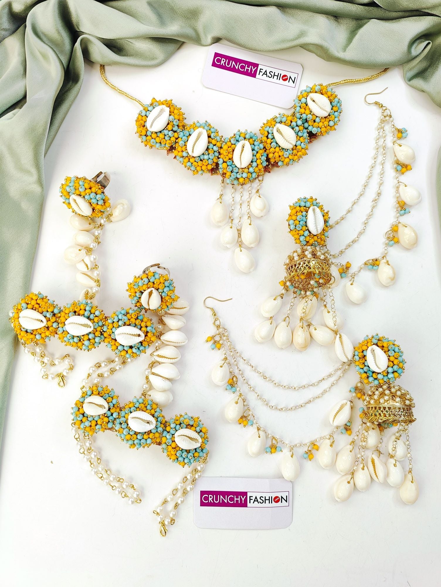 Golden Sunrise: Yellow and Sky-Blue Sea Shell Jewellery Set for Haldi & Mehndi