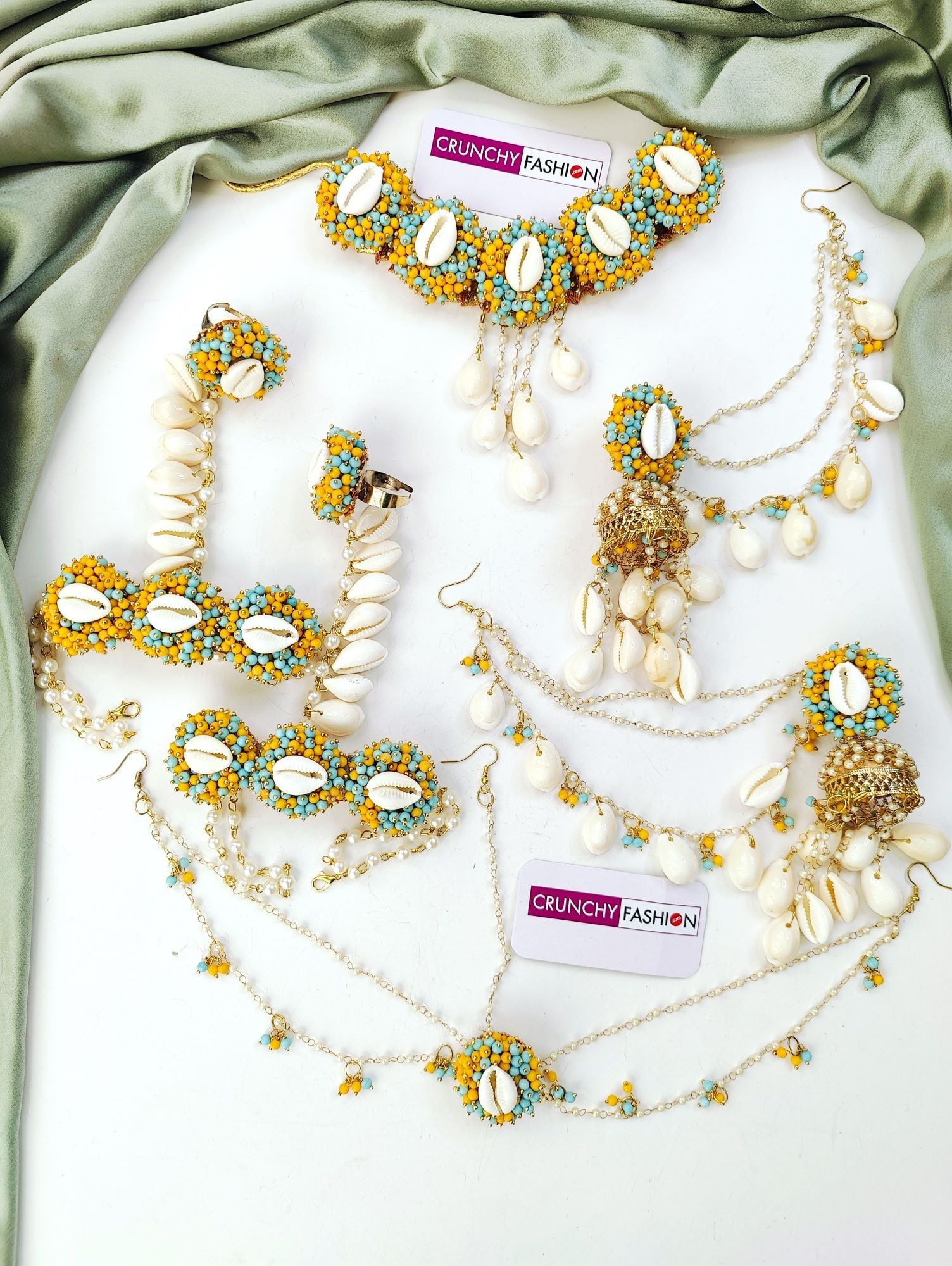 Sun-Kissed Sea Shell Yellow-Sky Blue Haldi Mehndi Jewellery Set