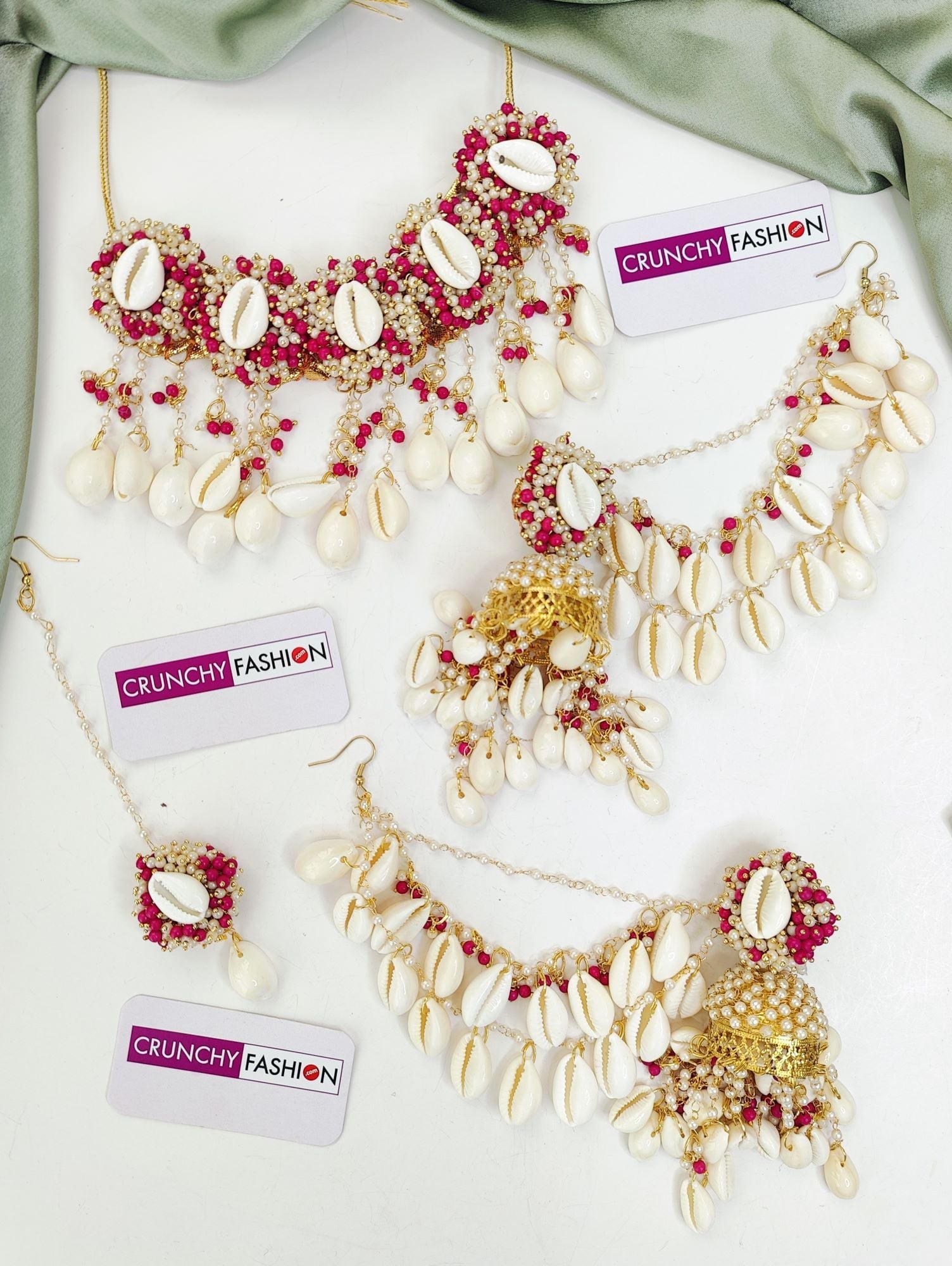 Chic Pink-White Pearl & Shell Bridal Jewellery Set for Haldi Mehndi