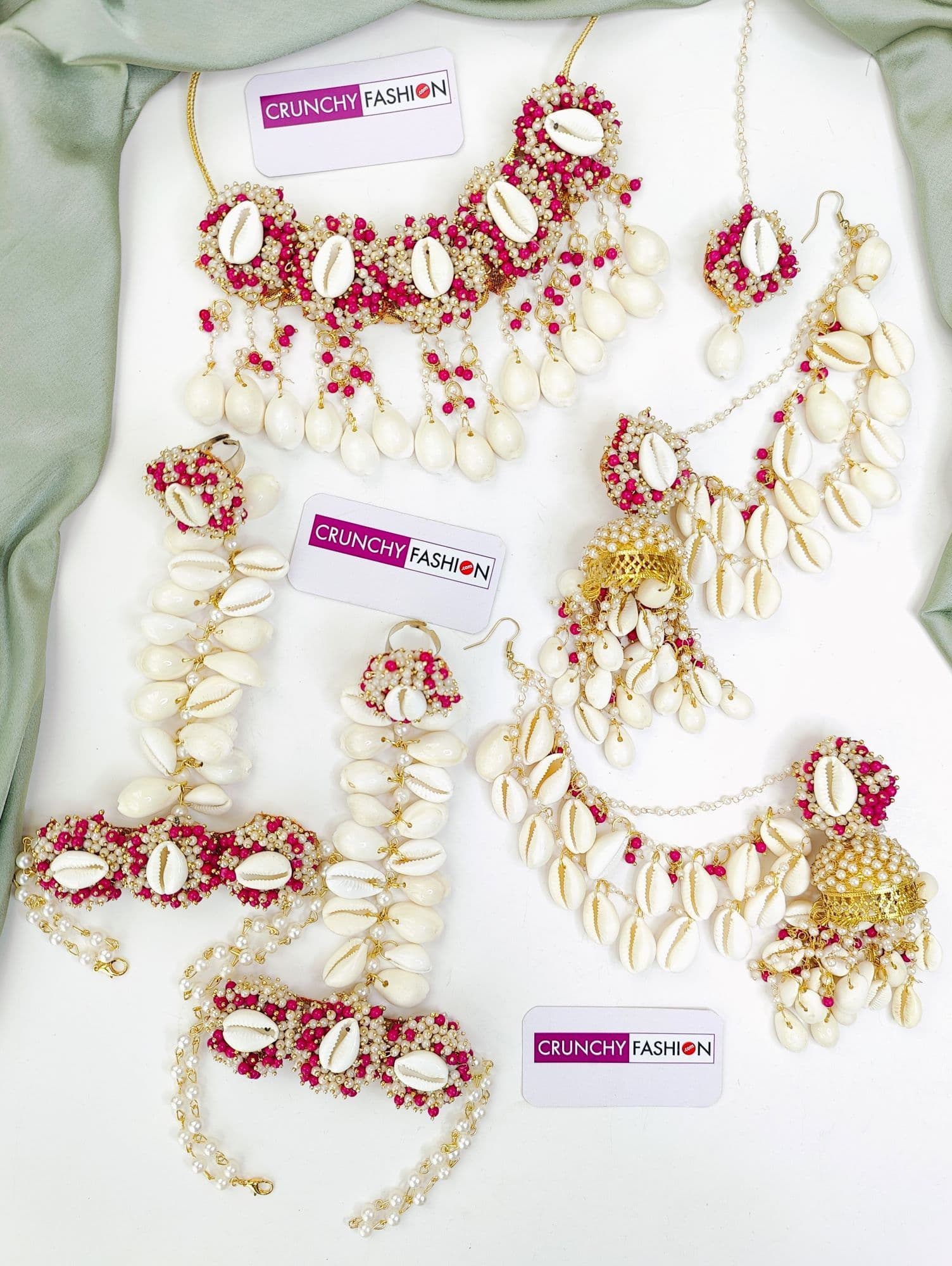 Pink White Shell Flower Jewelry Set for Haldi & Mehndi