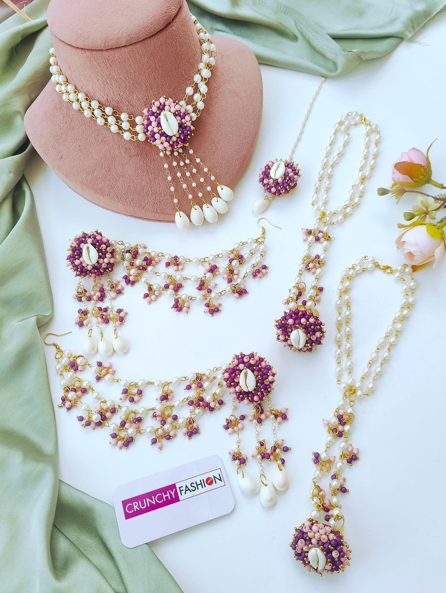 Lavender-Pink Sea Shell & Pearl Haldi Mehndi Jewelry