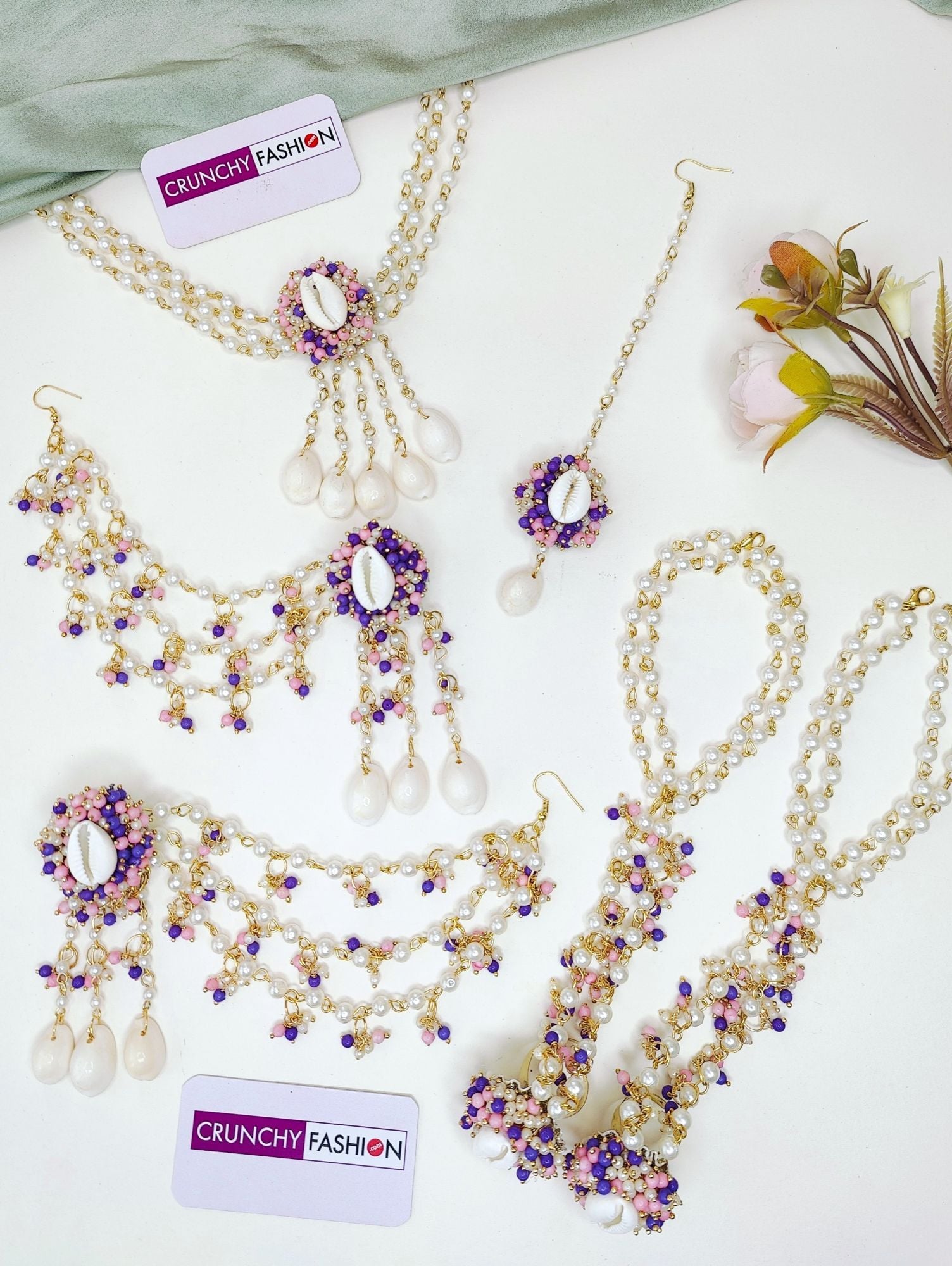 Lavender-Pink Pearl & Sea Shell Haldi Mehndi Jewelry Set for Women