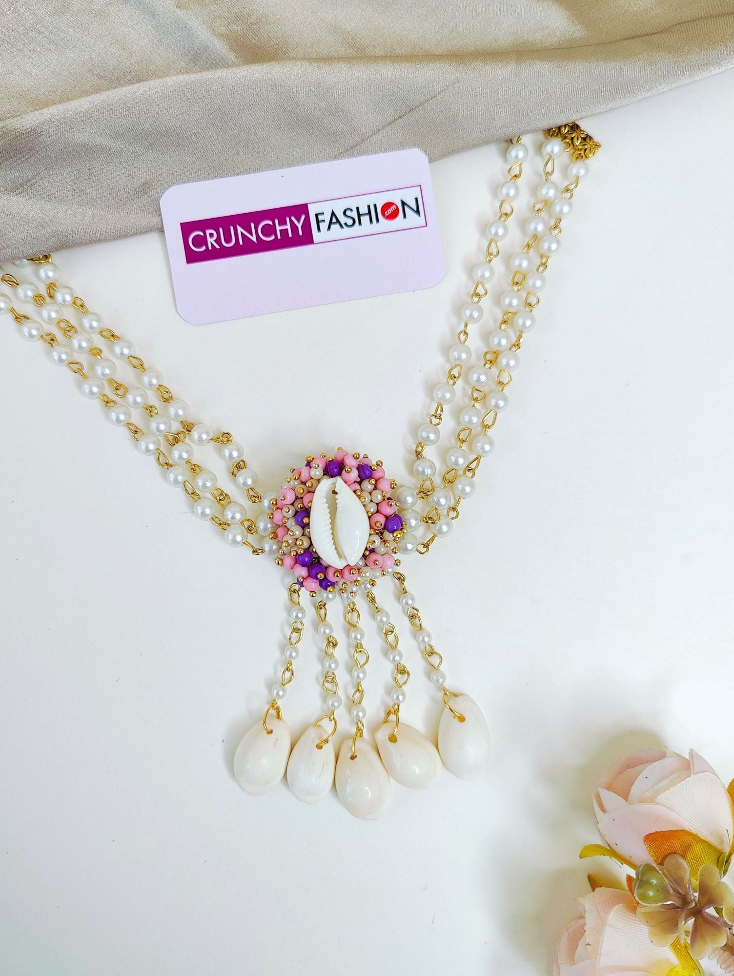 Lavender-Pink Pearl & Sea Shell Haldi Mehndi Jewelry Set for Women