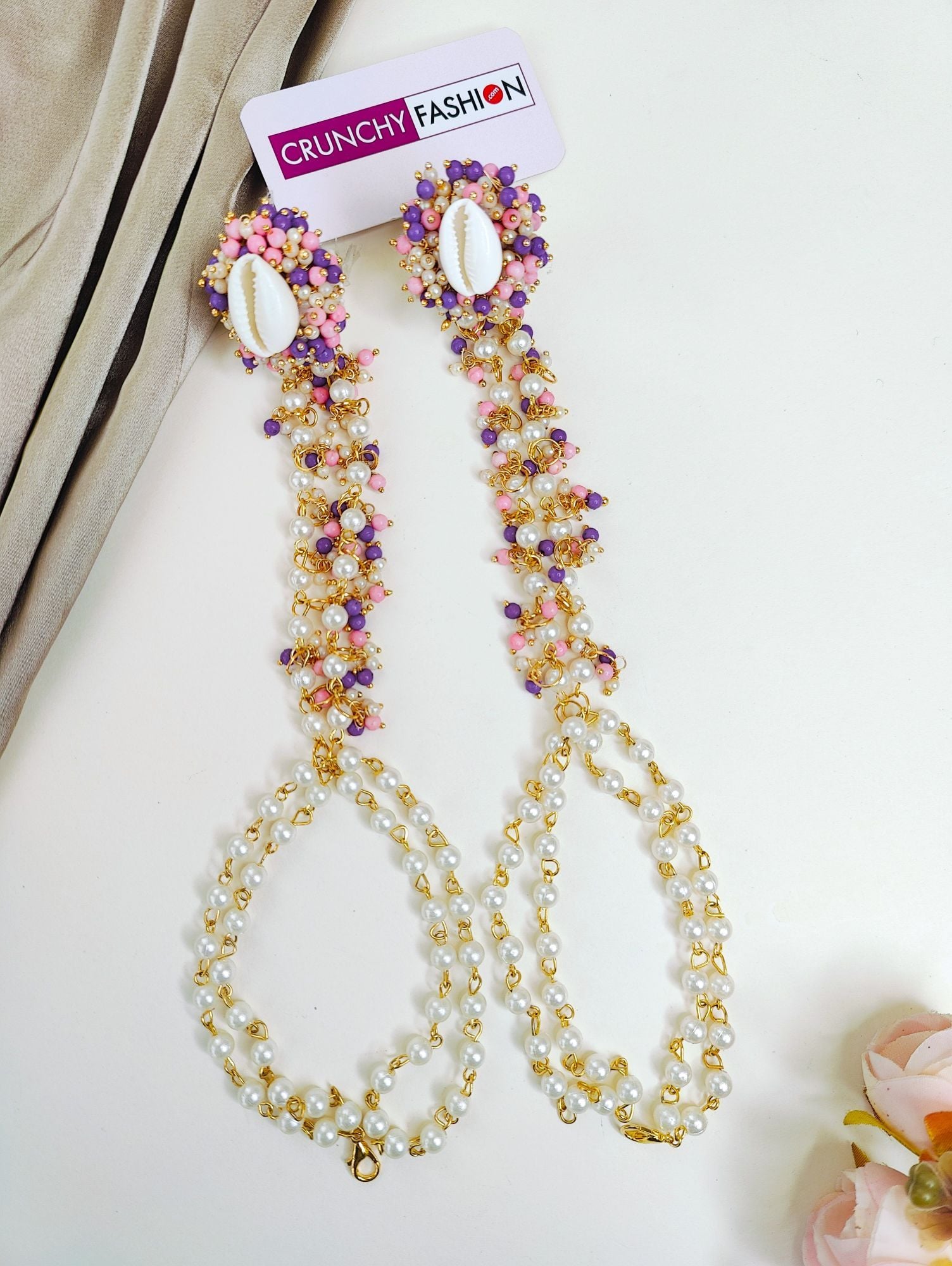 Lavender-Pink Pearl & Sea Shell Haldi Mehndi Jewelry Set for Women