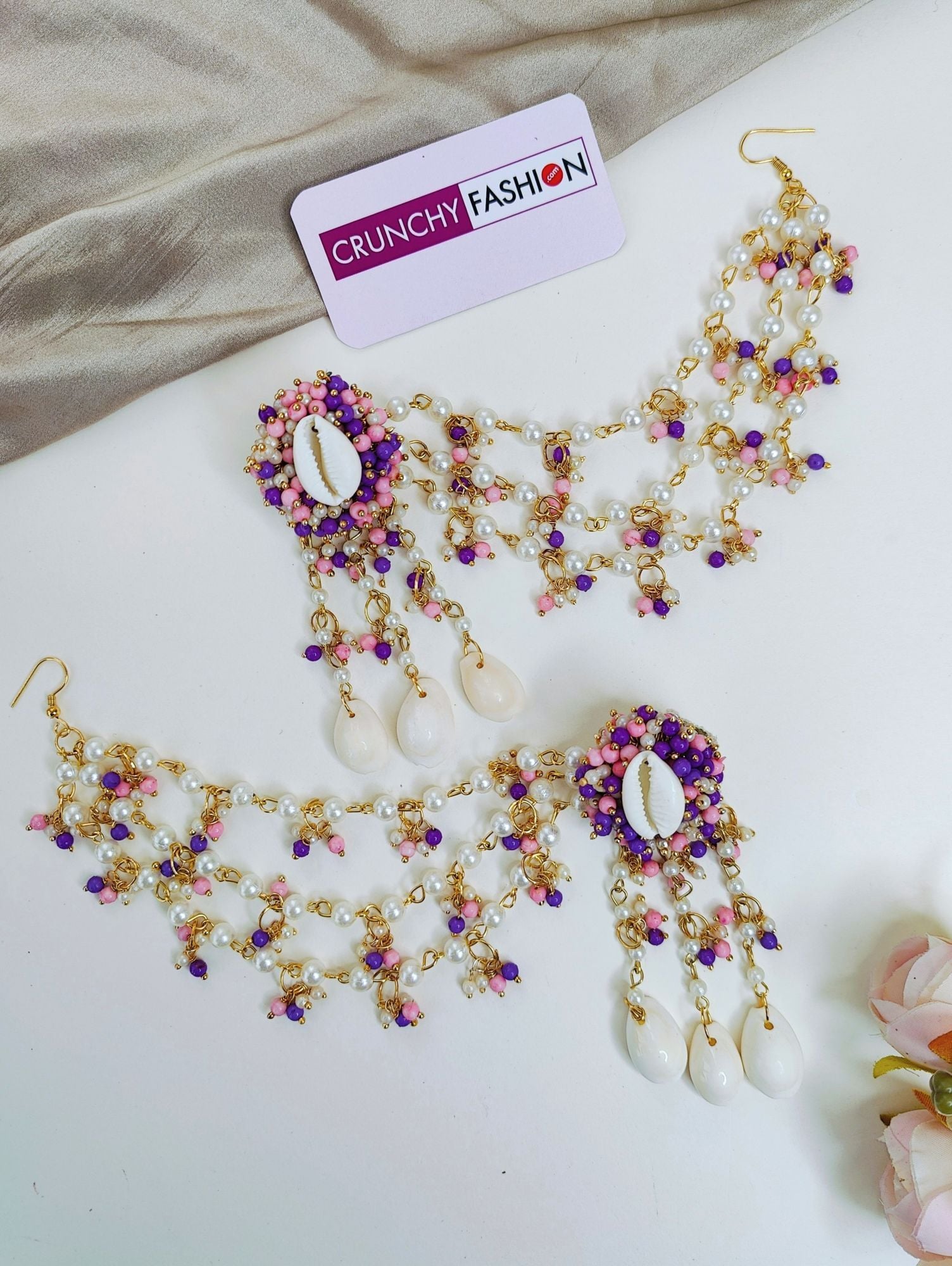 Lavender-Pink Pearl & Sea Shell Haldi Mehndi Jewelry Set for Women