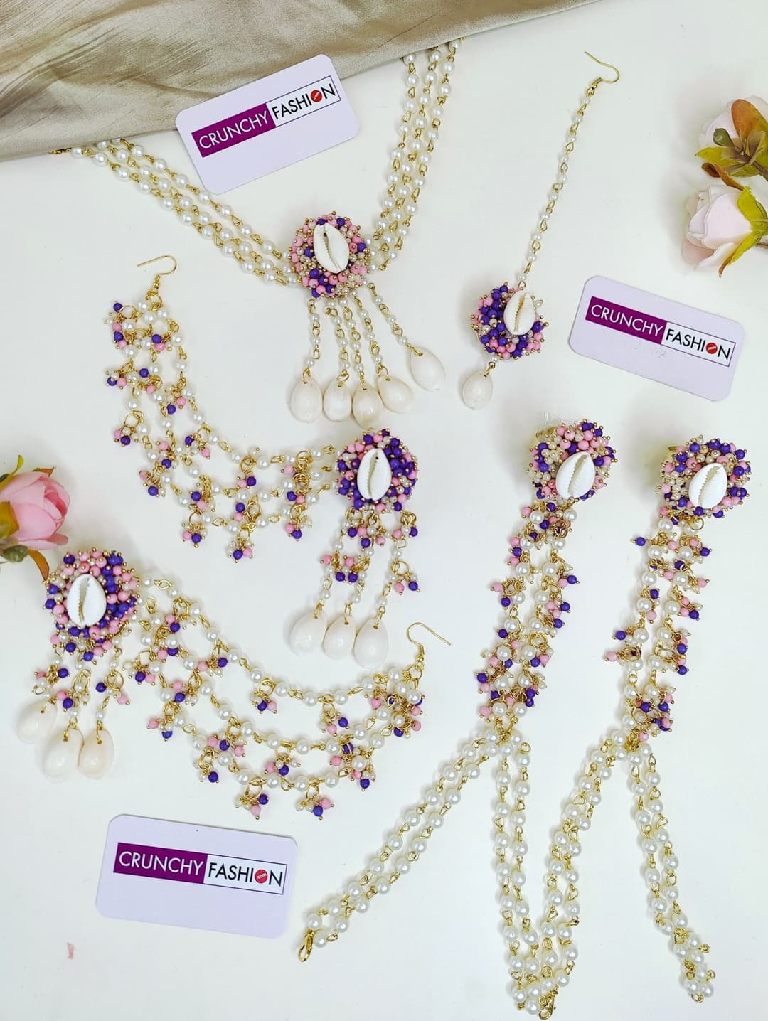 Lavender-Pink Pearl & Sea Shell Haldi Mehndi Jewelry Set for Women