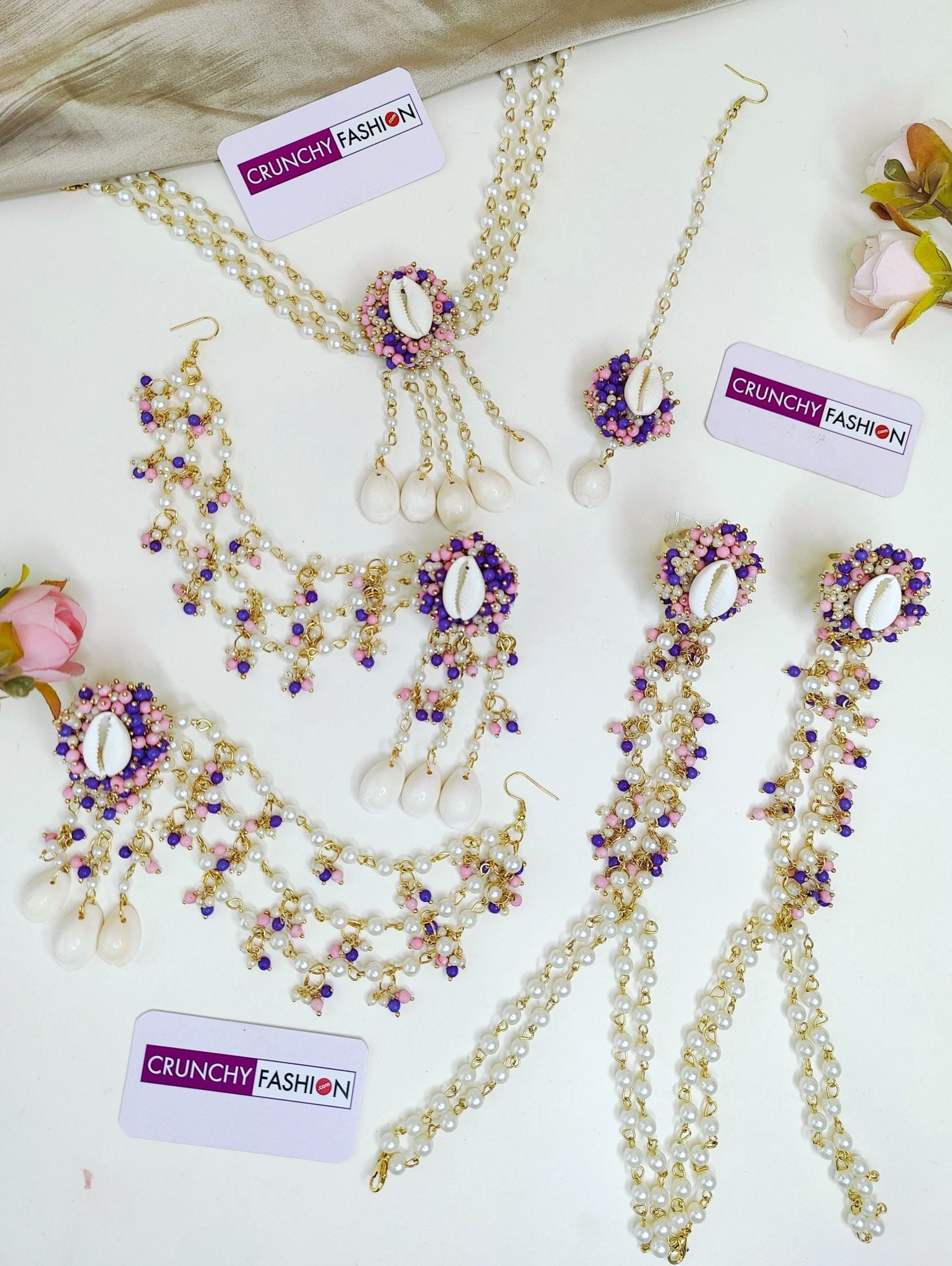 Lavender-Pink Pearl & Sea Shell Haldi Mehndi Jewelry Set for Women