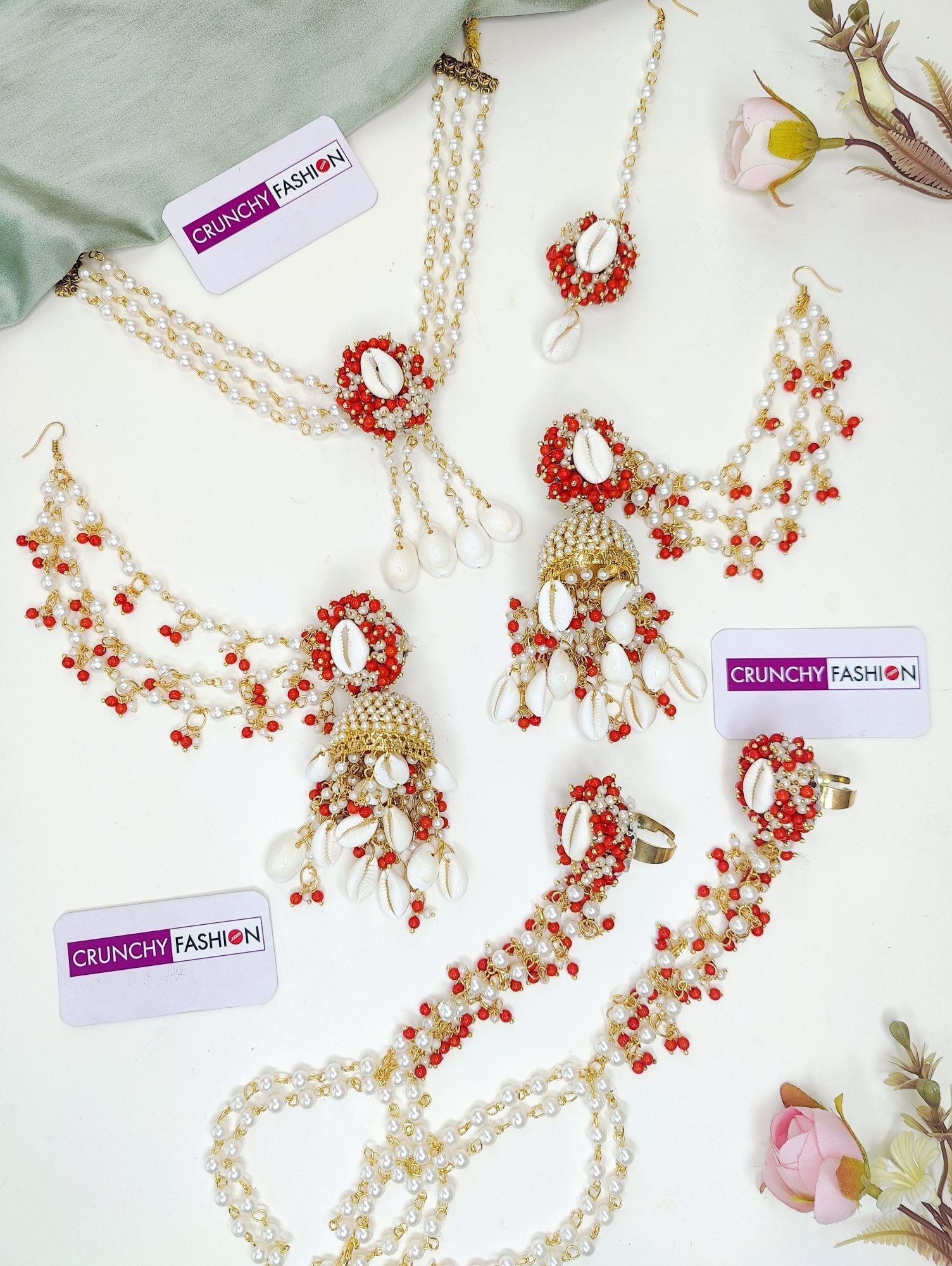 Traditional Red Cowrie Shell Haldi Jewellery Set for Wedding
