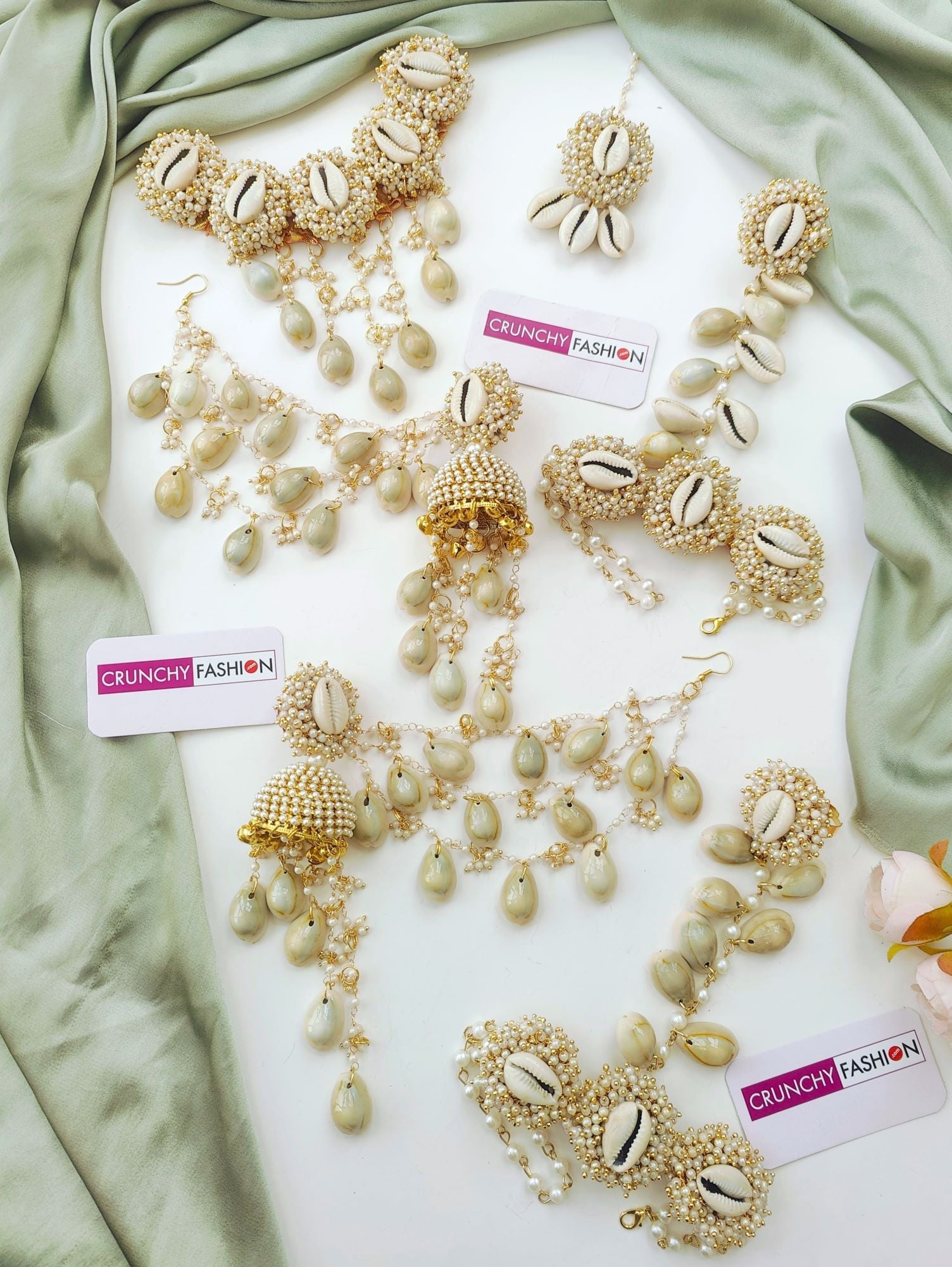 White Sea Shell Haldi Mehndi Jewellery Set with Kaliras