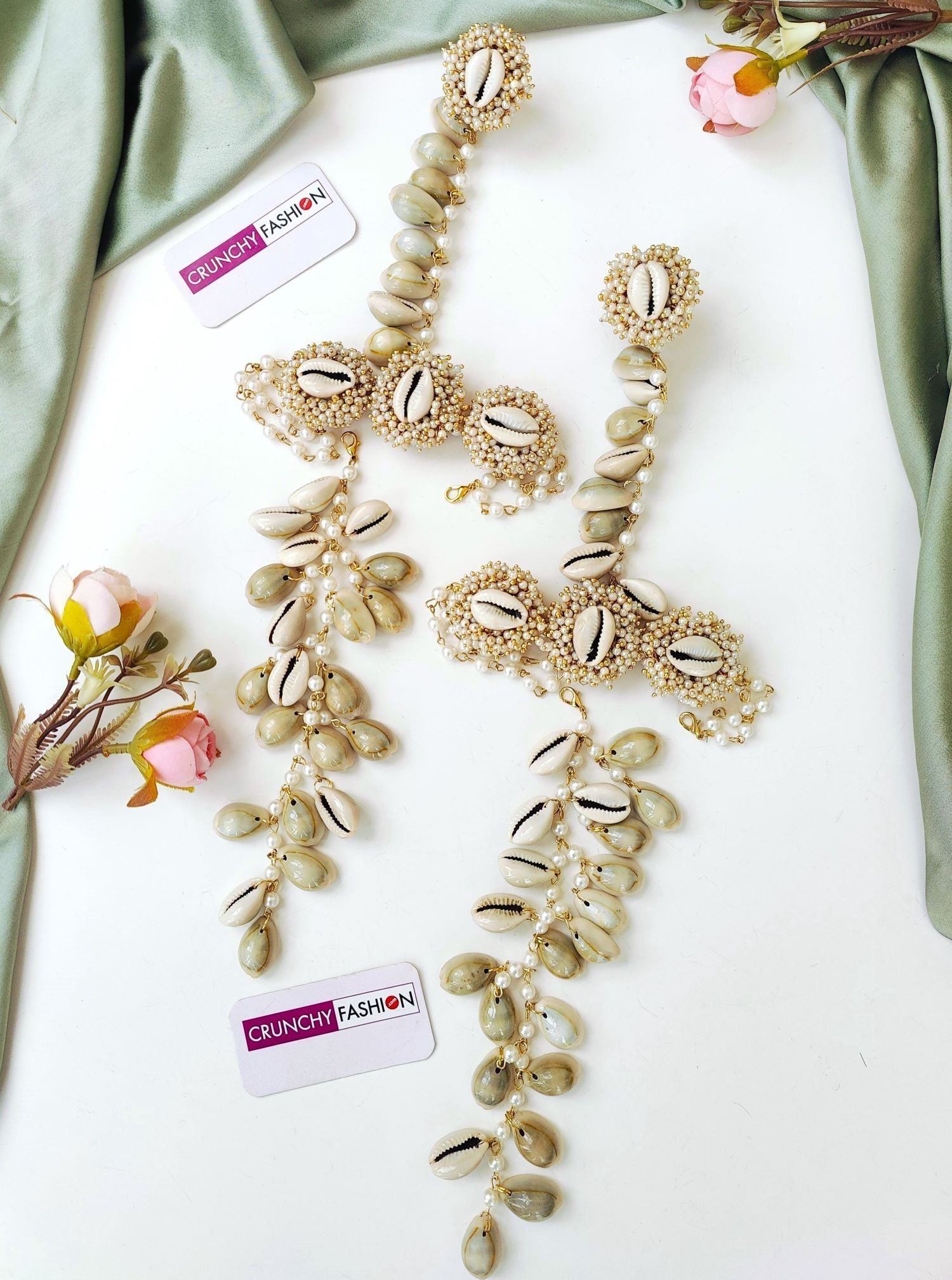 White Sea Shell Haldi Mehndi Jewellery Set with Kaliras