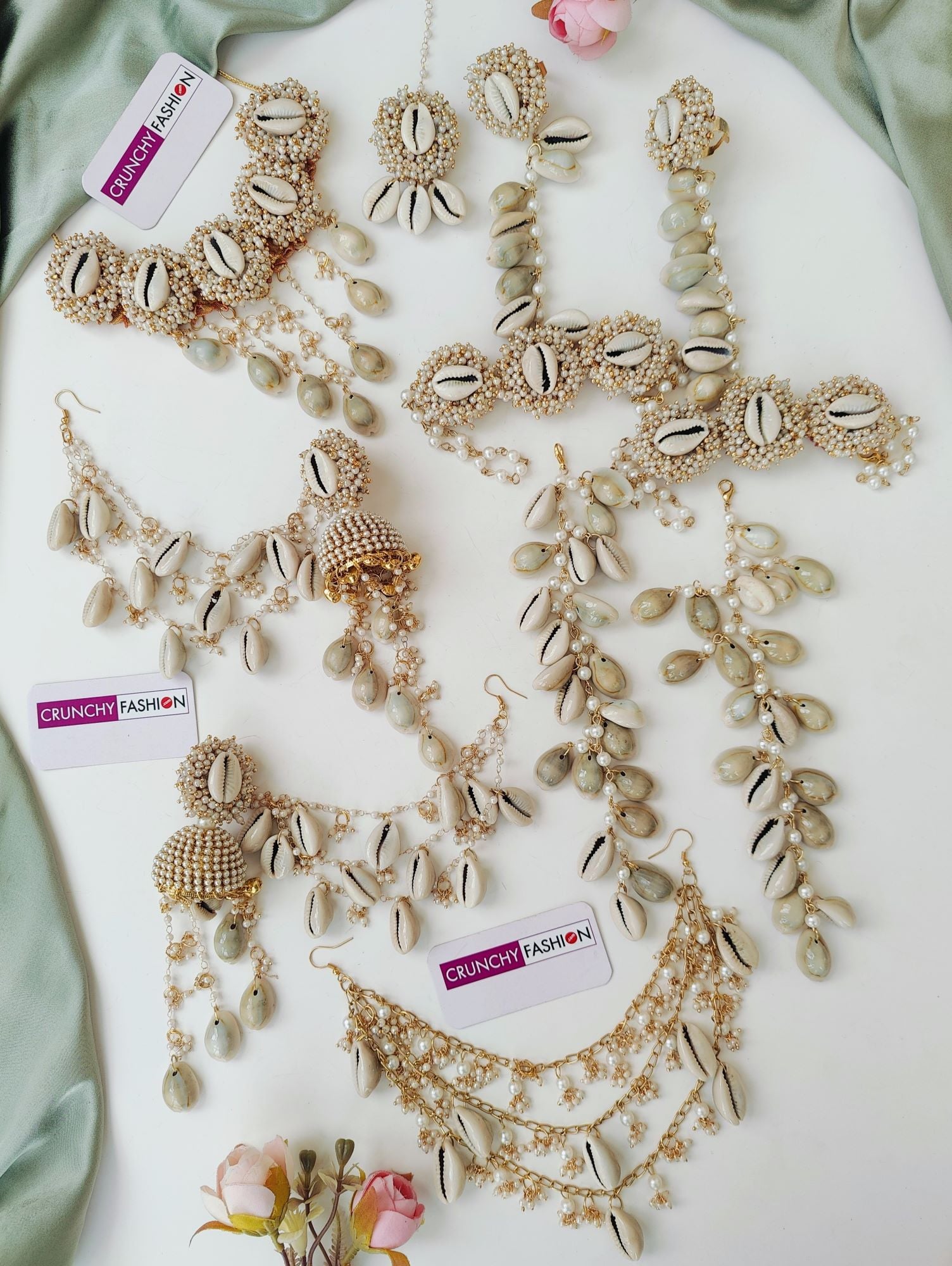 White Sea Shell Haldi Mehndi Jewellery Set with Kaliras