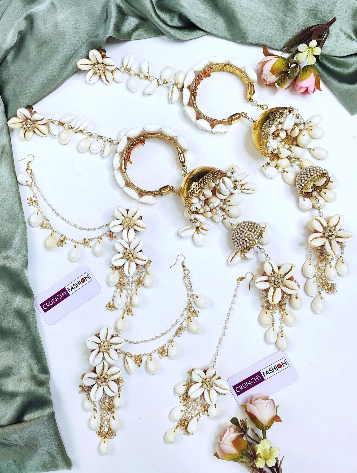 Haldi Mehndi Jewellery White Sea Shell Jewellery Set with Kaliras