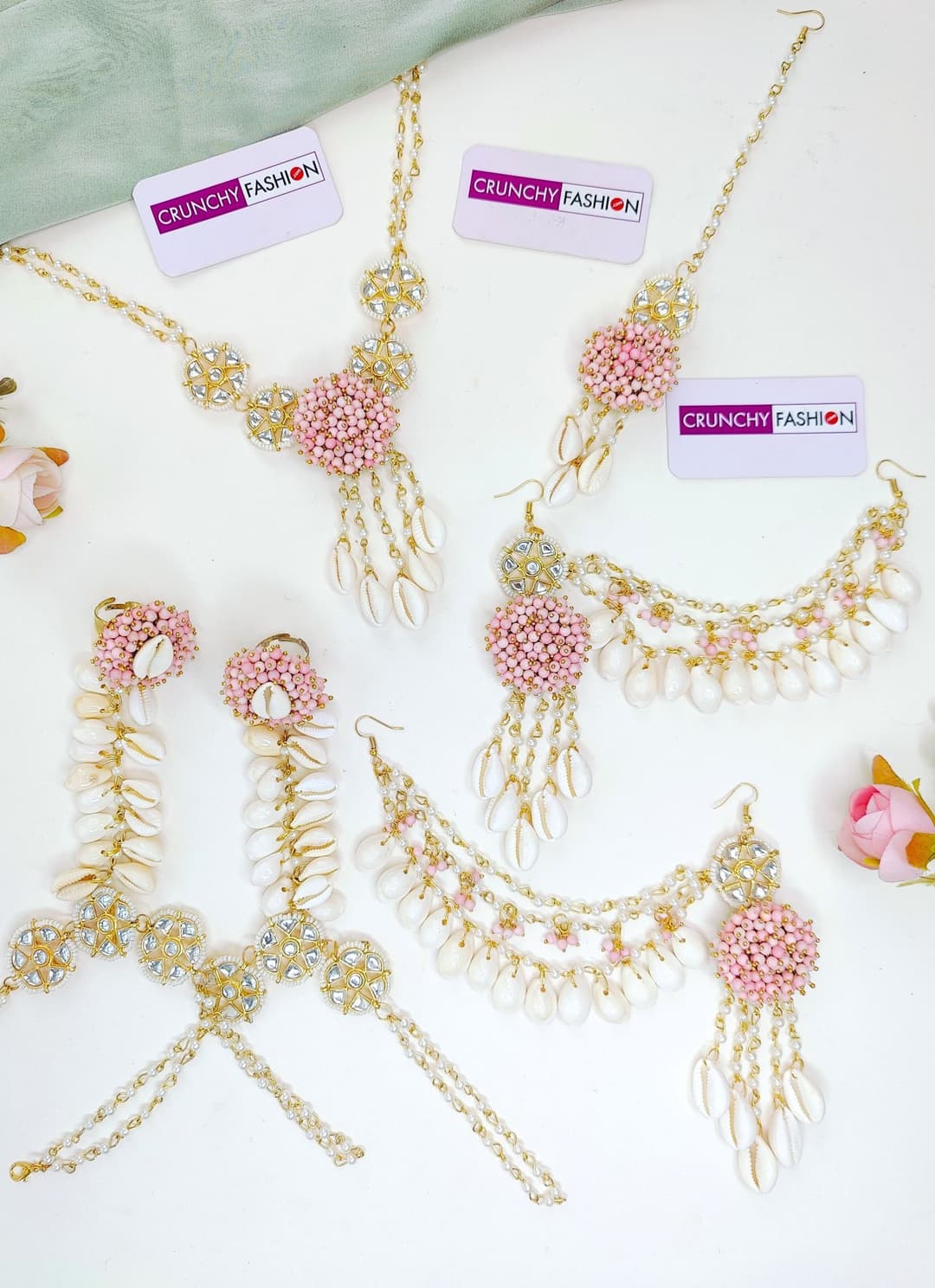 Lavender Blossom: Gold Plated Sea Shell & Pink Pearl Haldi Jewellery