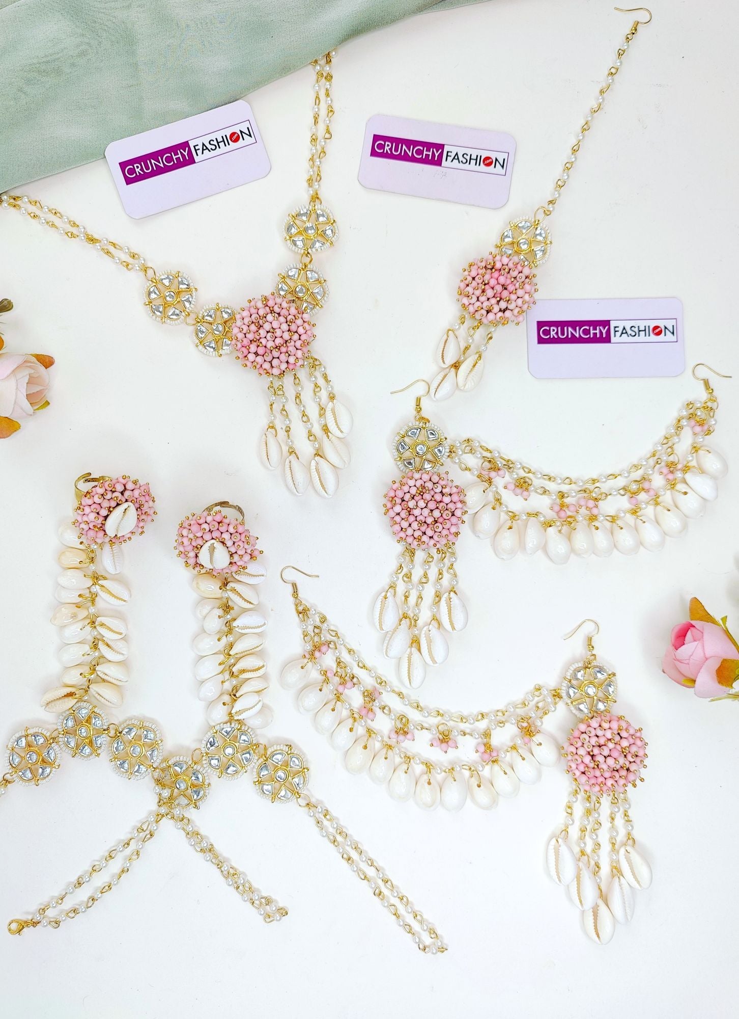 Designer Blush Pink Cowrie Shell Jewellery Set for Women