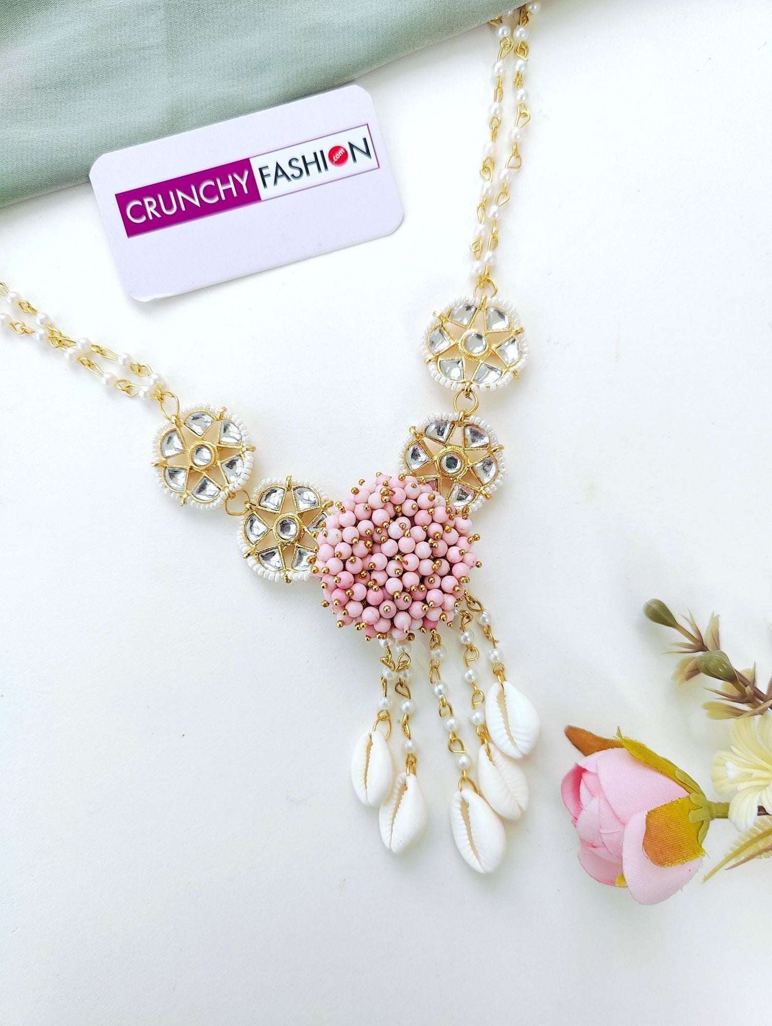 Designer Blush Pink Cowrie Shell Jewellery Set for Women