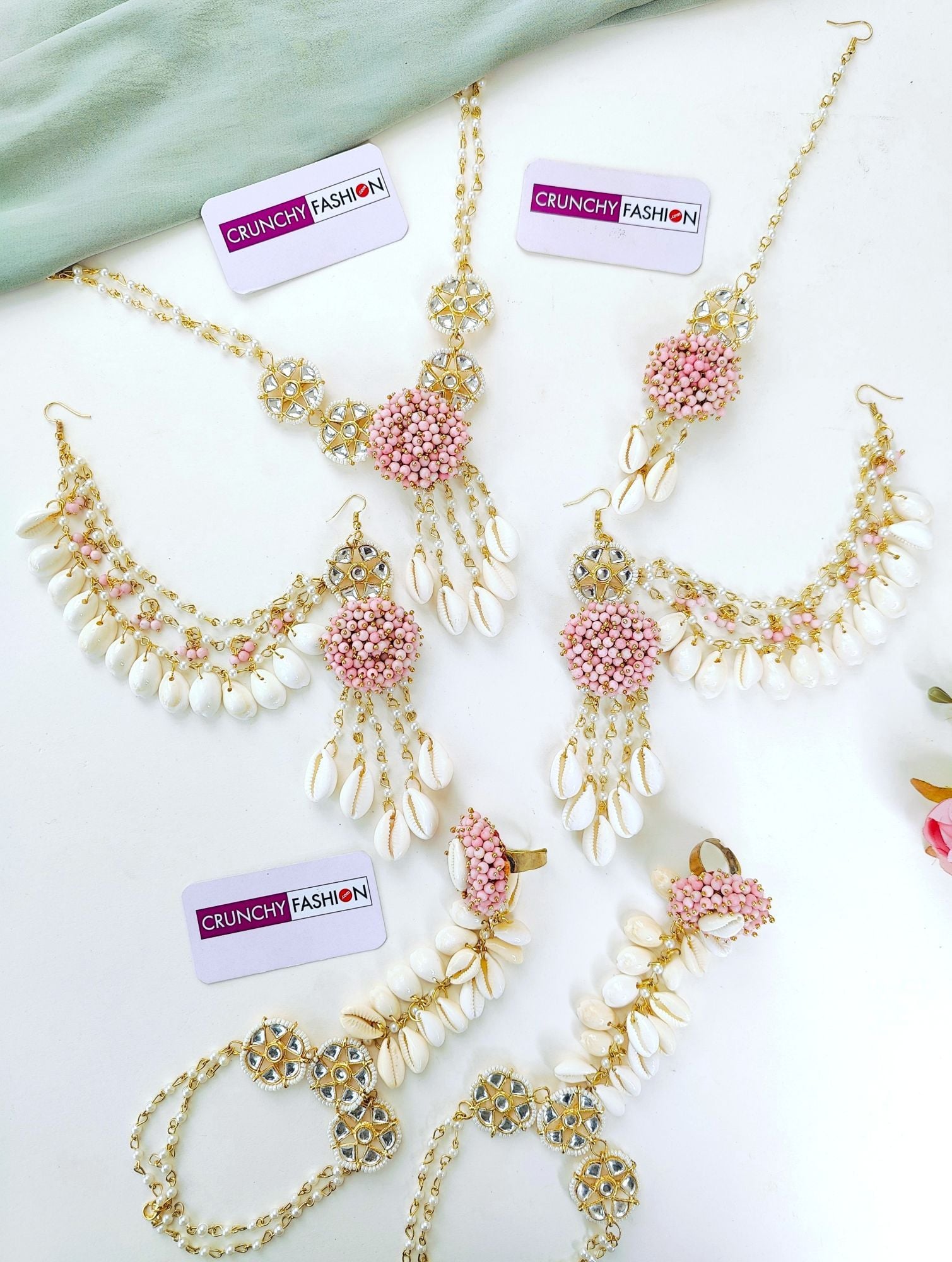 Designer Blush Pink Cowrie Shell Jewellery Set for Women