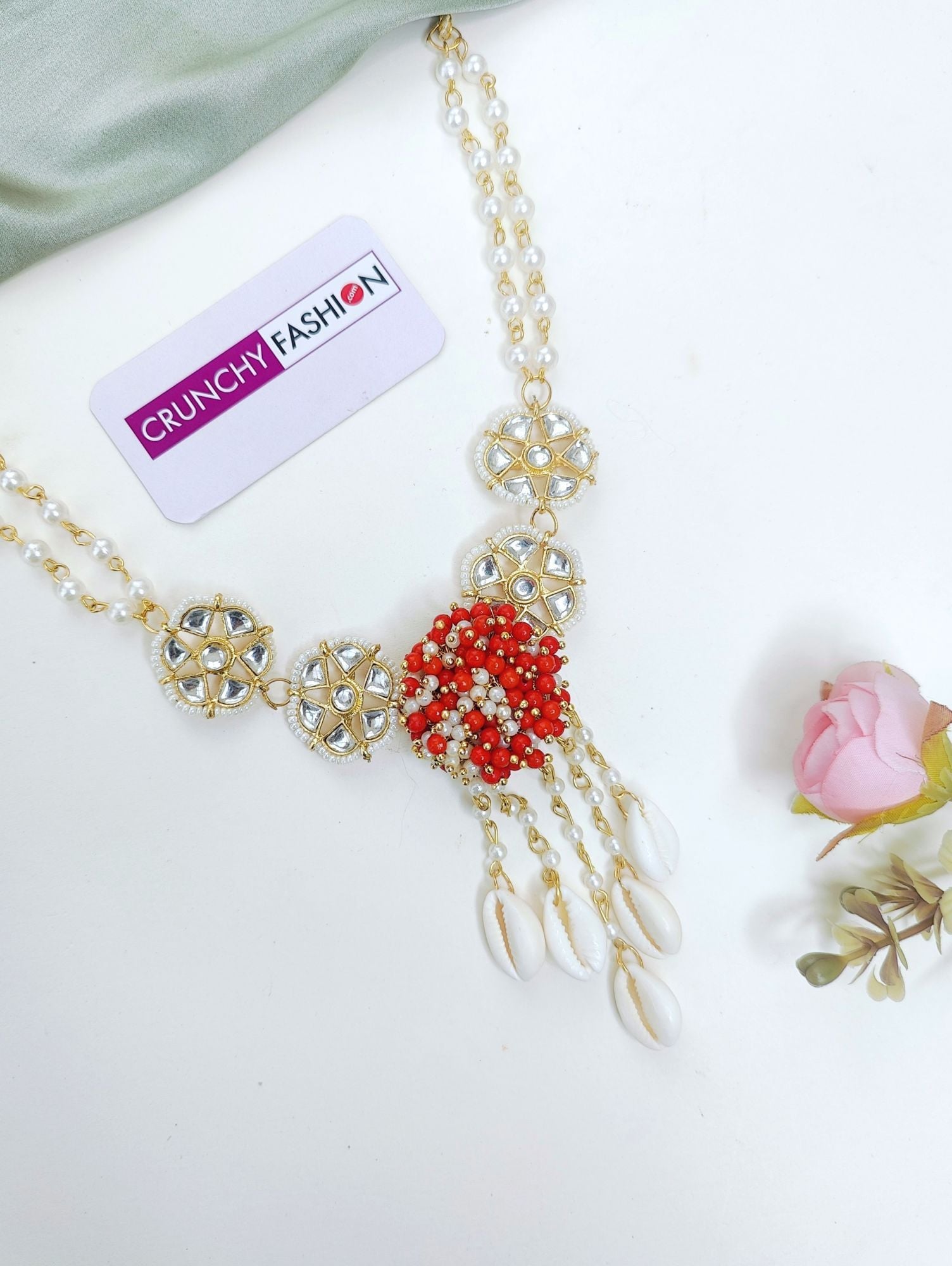 Red & White Cowrie Shell Statement Necklace Set with Earrings
