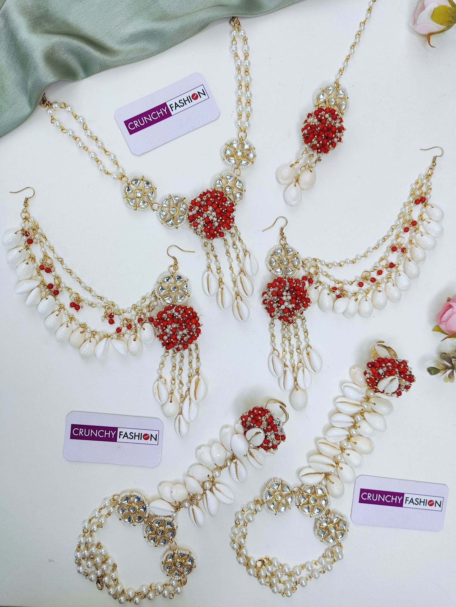 Red & White Cowrie Shell Statement Necklace Set with Earrings