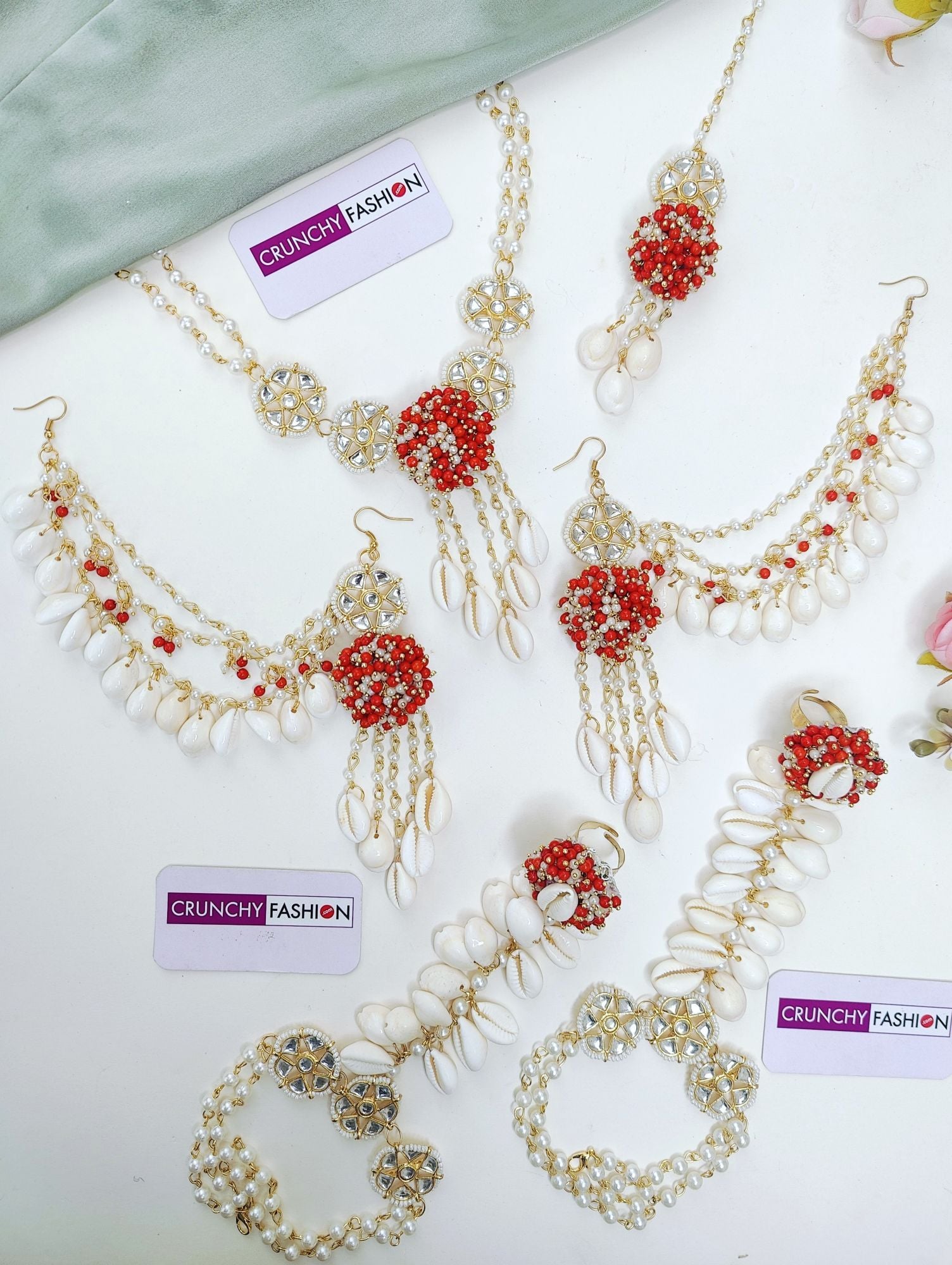 Red & White Cowrie Shell Statement Necklace Set with Earrings
