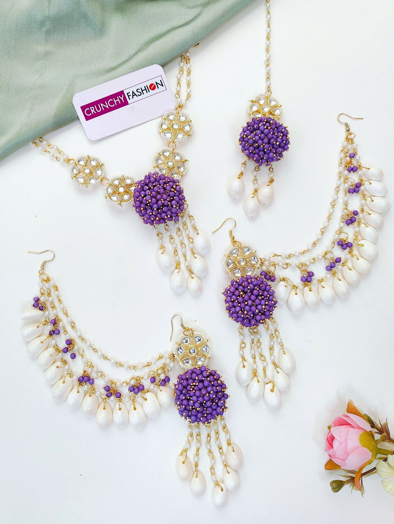 Lavender Kundan Cowrie Shell Haldi Jewelry Set