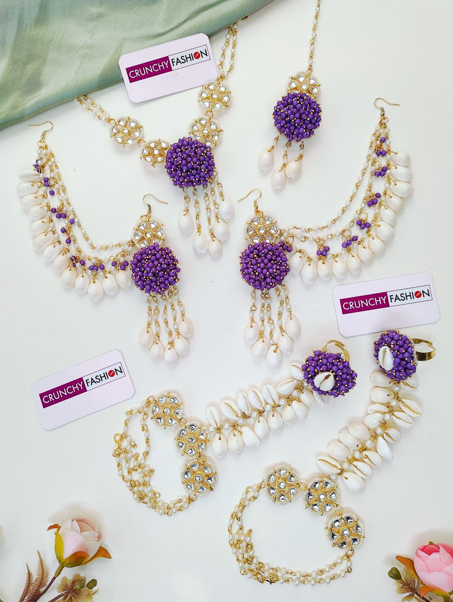 Lavender Kundan Cowrie Shell Haldi Jewelry Set