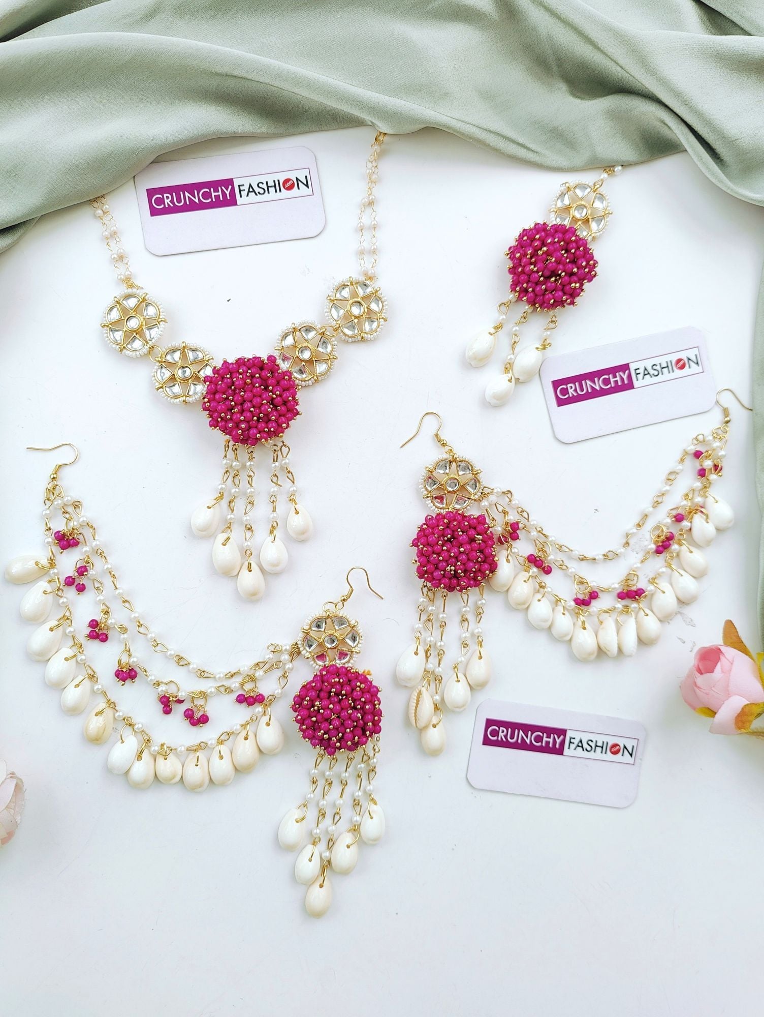 Pink Sea Shell Haldi Mehndi Jewellery Set with Kaliras