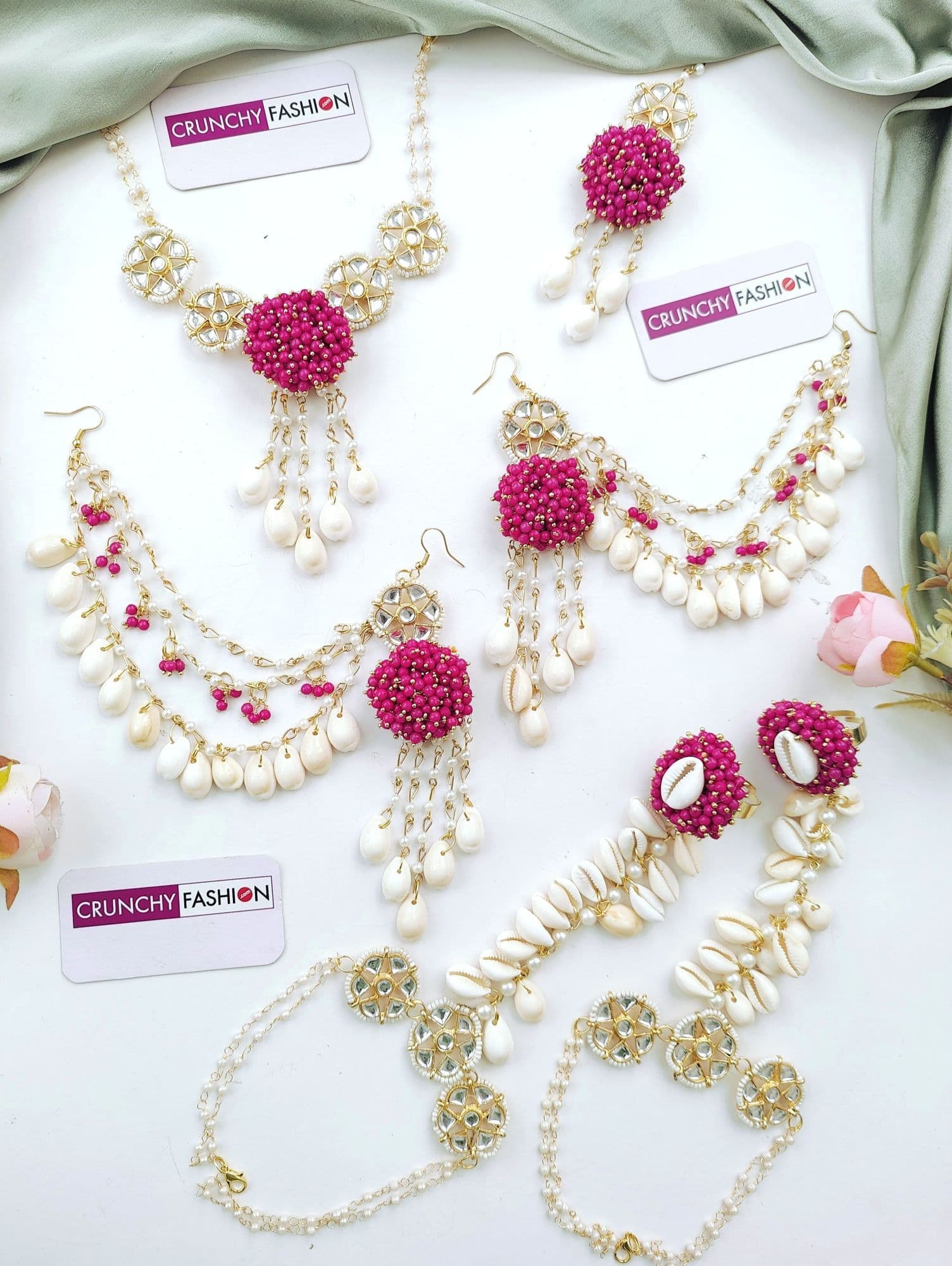 Pink Sea Shell Haldi Mehndi Jewellery Set with Kaliras