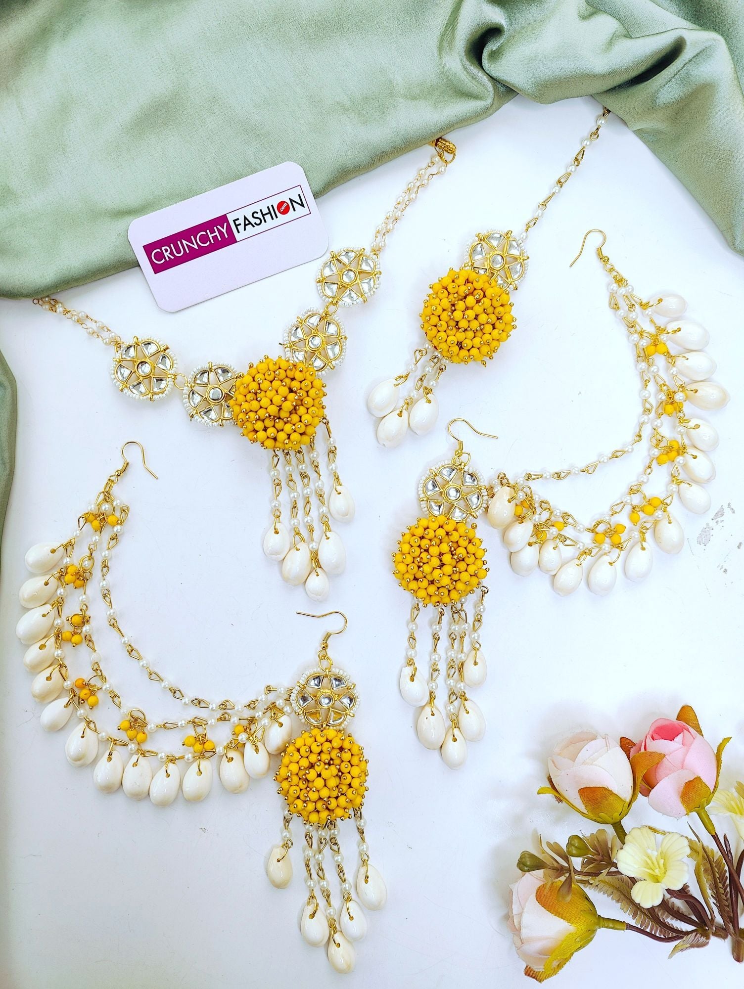 Yellow Pearl Cowrie Shell Haldi Mehndi Jewellery Set