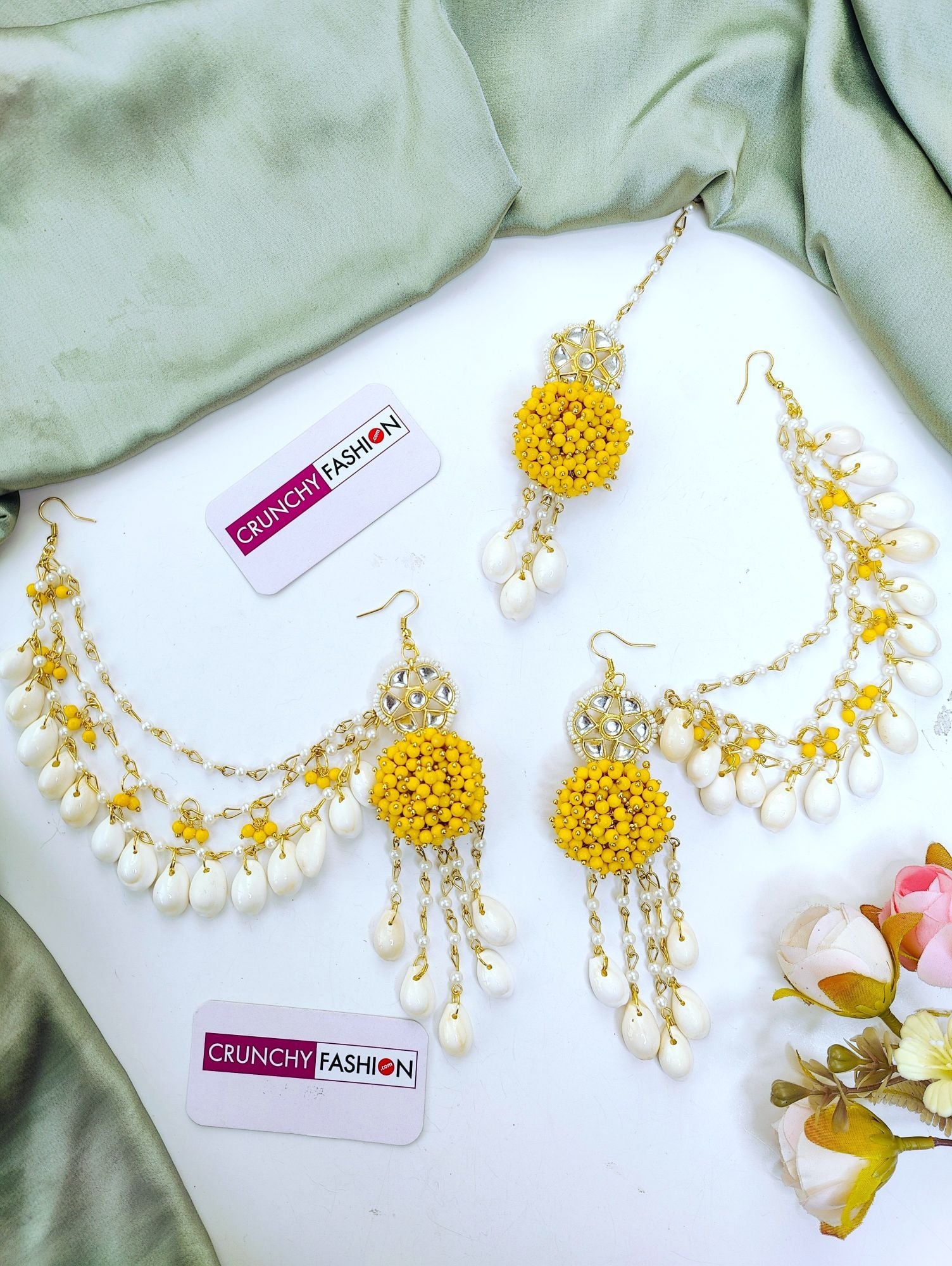 Yellow Pearl Cowrie Shell Haldi Mehndi Jewellery Set