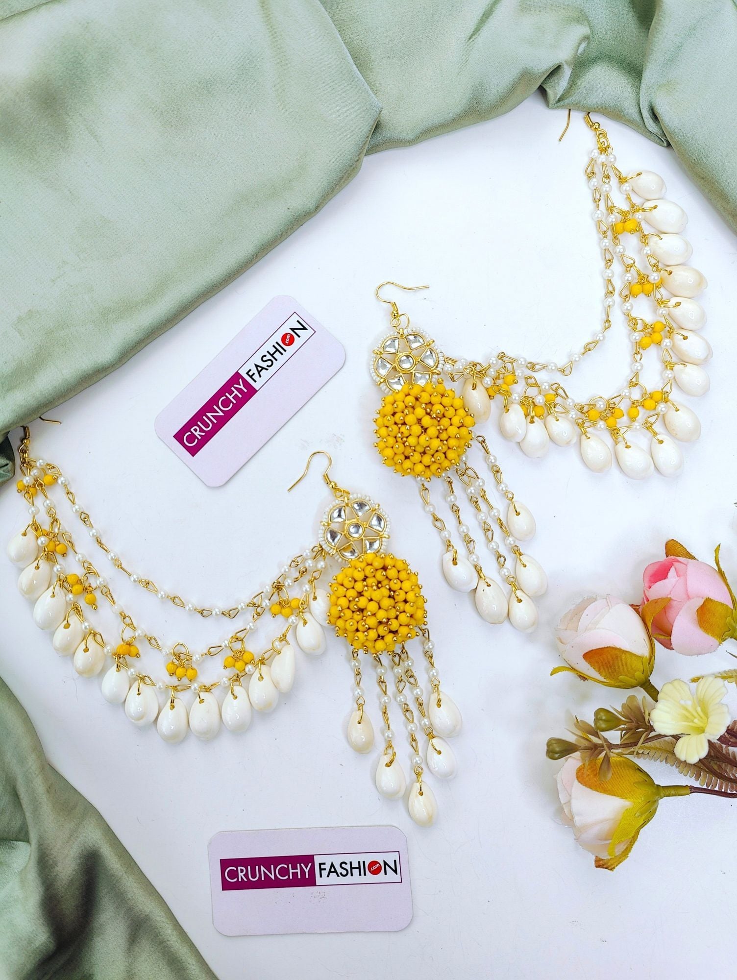 Yellow Pearl Cowrie Shell Haldi Mehndi Jewellery Set