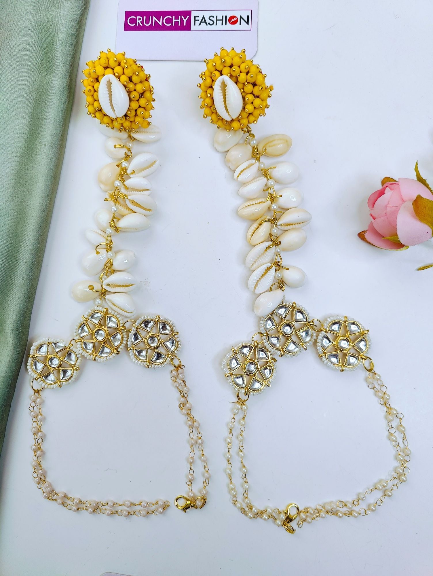 Yellow Pearl Cowrie Shell Haldi Mehndi Jewellery Set