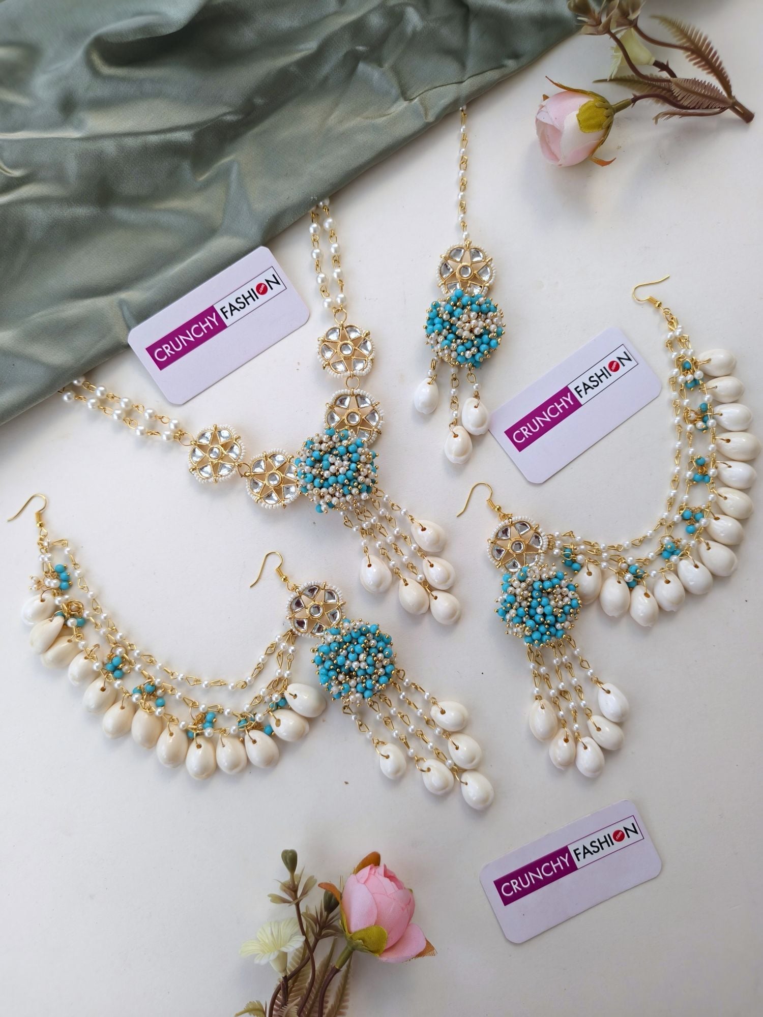Sky Blue Pearl & Cowrie Shell Haldi Mehndi Set