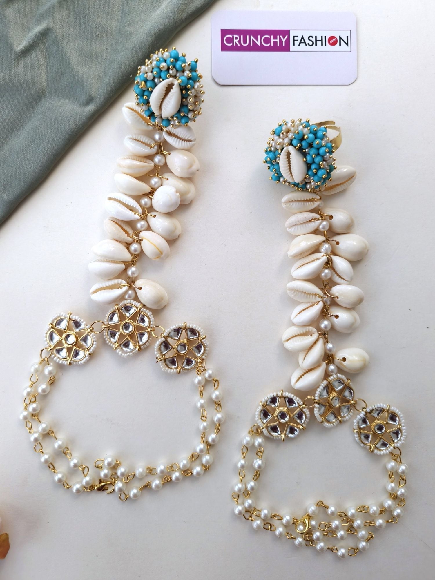 Sky Blue Pearl & Cowrie Shell Haldi Mehndi Set