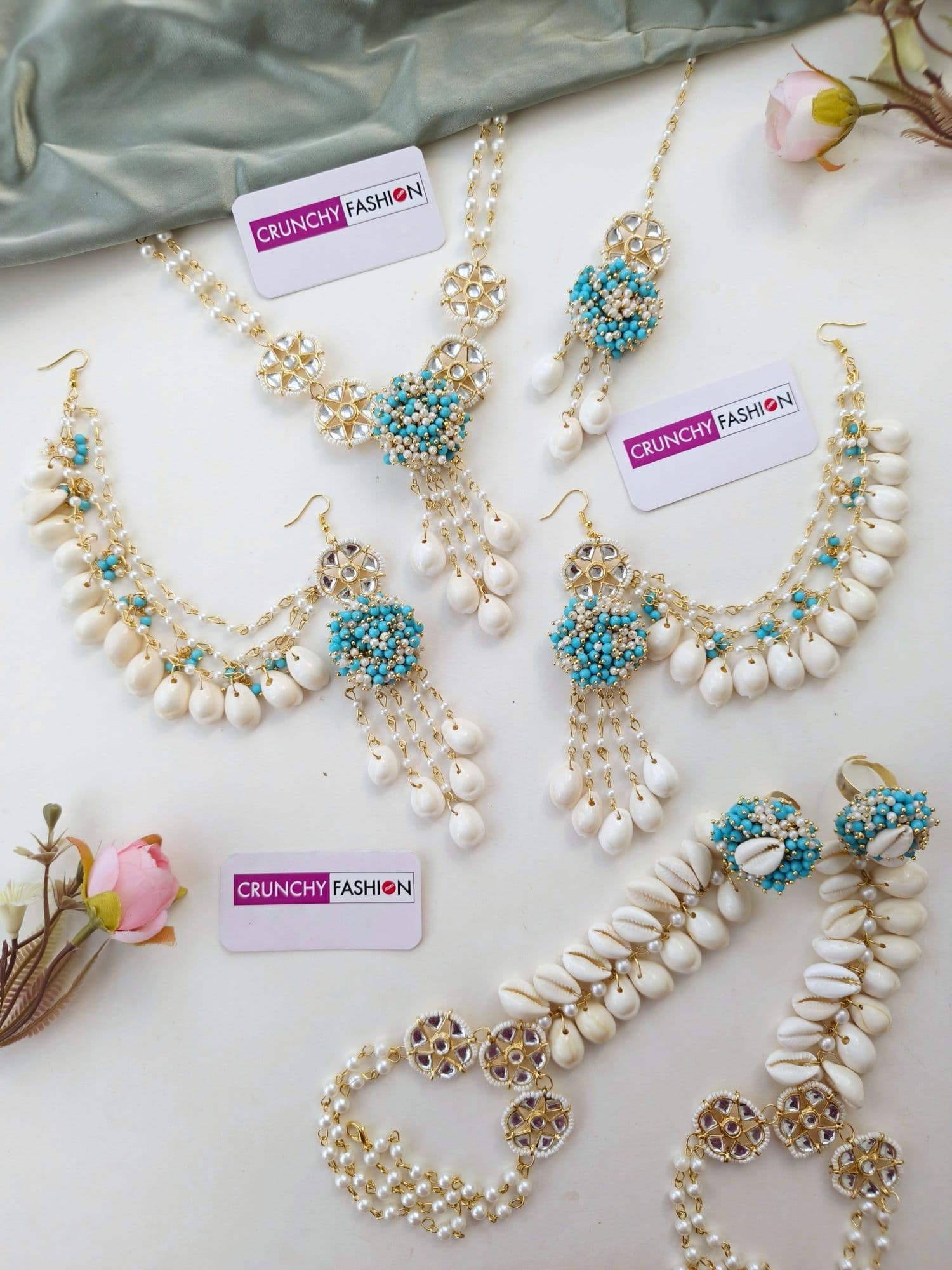 Sky Blue Pearl & Cowrie Shell Haldi Mehndi Set