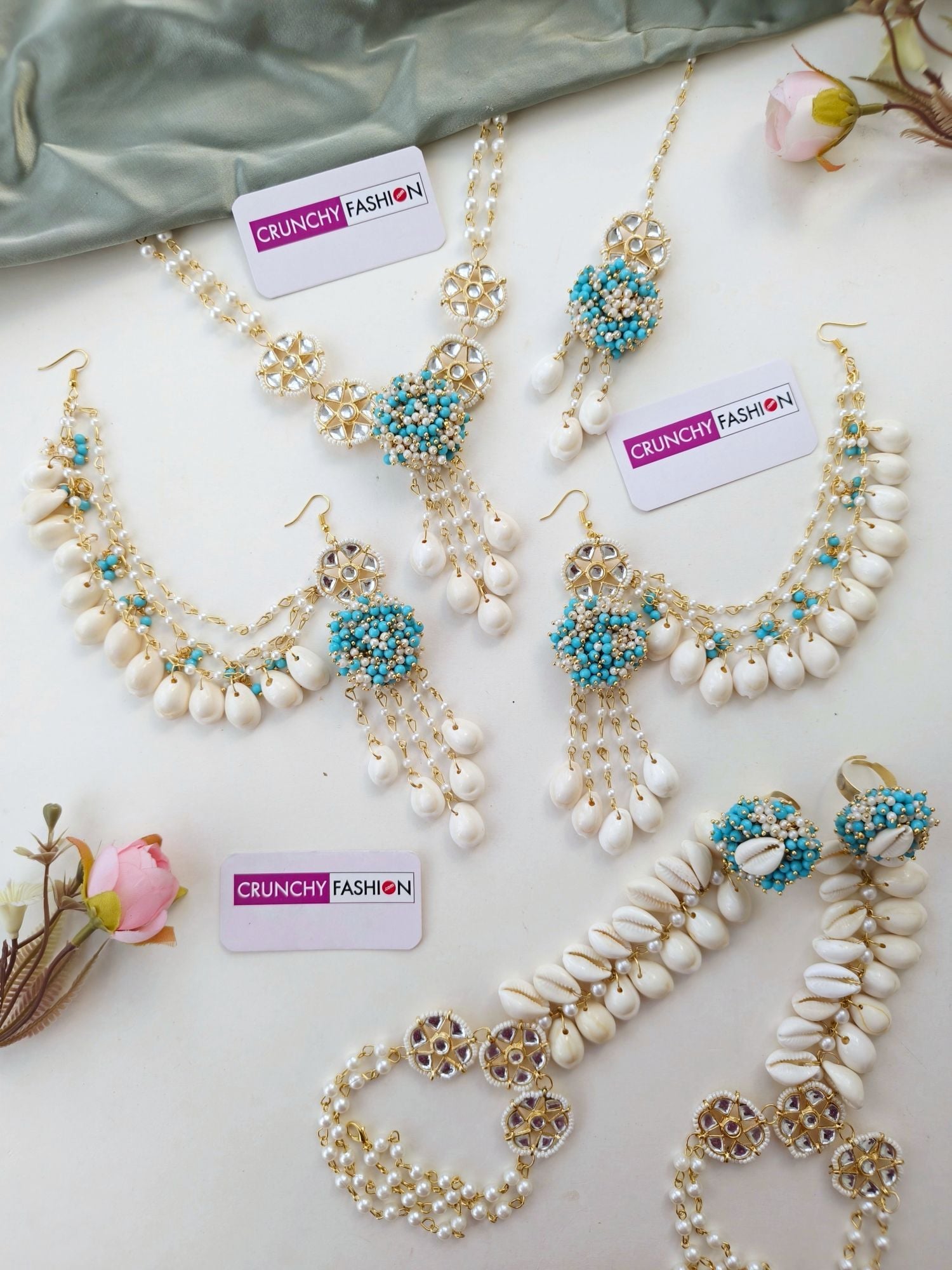 Sky Blue Pearl & Cowrie Shell Haldi Mehndi Set