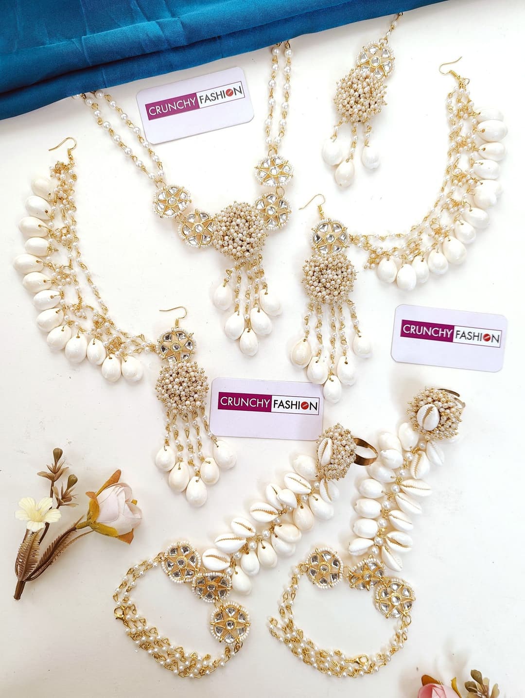 Lavender Bloom: Handmade Gold-Plated Sea Shell and White Pearl Jewellery Set for Haldi Occasion