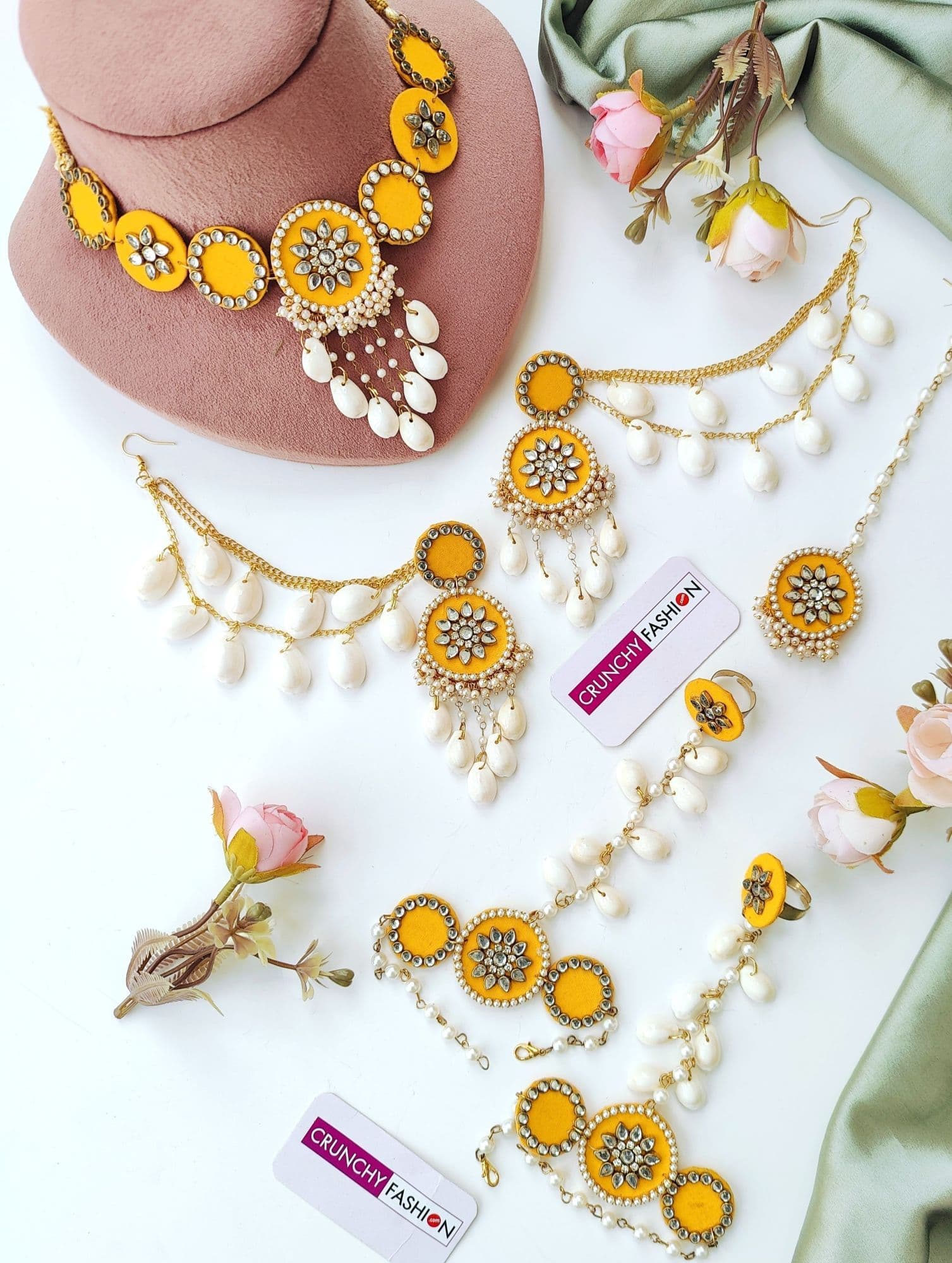 Yellow Kundan Cowrie Shell Haldi Mehndi Jewellery Set